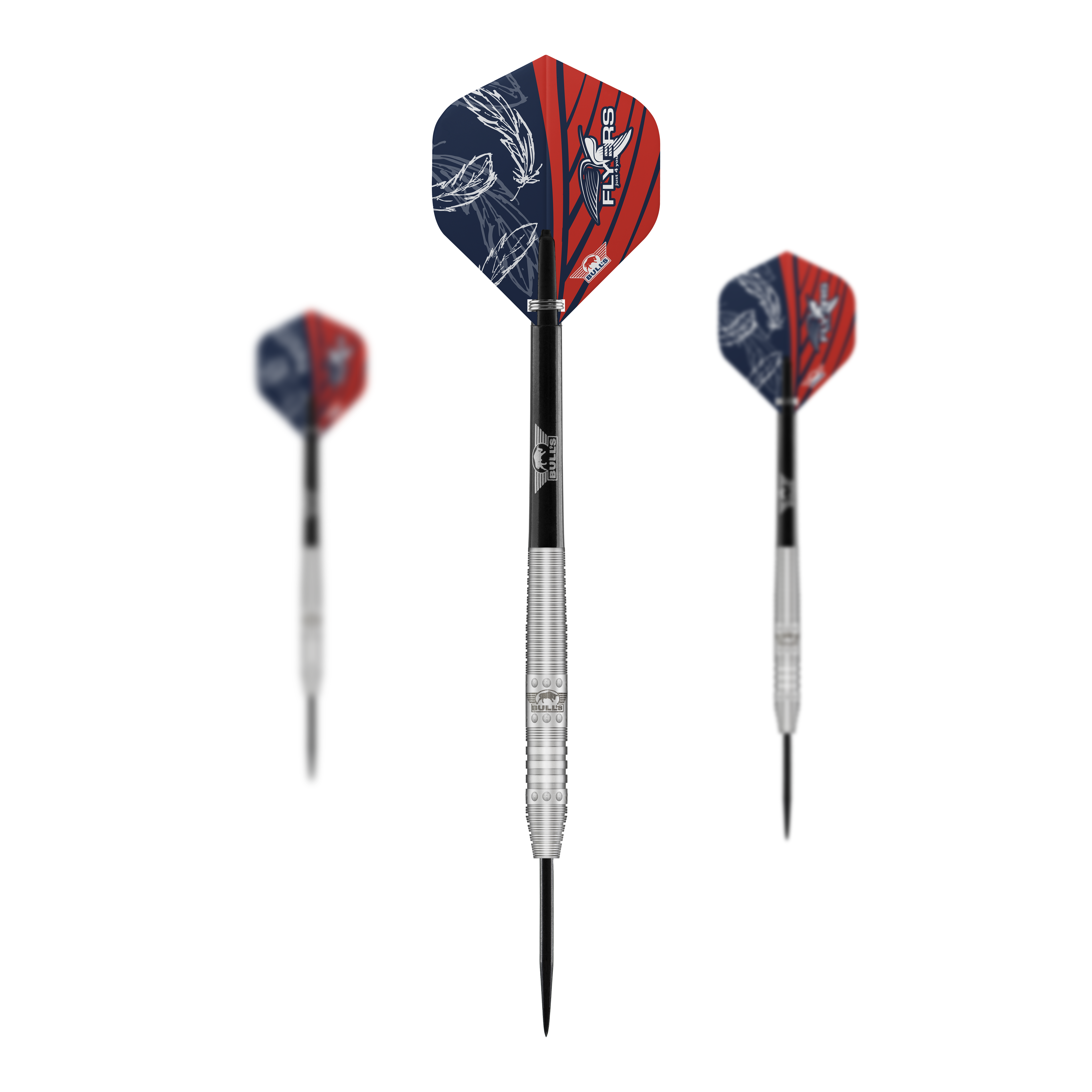 Bulls NL Richard Veenstra 80 dardos de acero - 23g Das Bild zeigt drei Steeldarts des Modells "Bulls NL Richard Veenstra 80" mit 23g Gewicht. Die Flights sind rot-blau gestaltet und auf dem mittleren Dart ist das Logo gut zu erkennen.