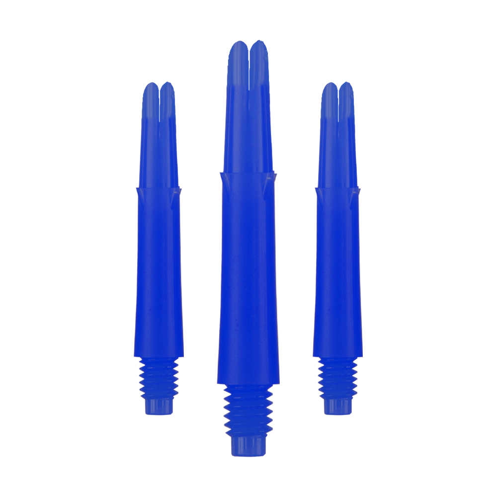 Ejes en L bloqueados rectos estilo L - Azul Auf dem Bild sind drei blaue Dartschäfte in unterschiedlicher Höhe zu sehen. Sie haben ein gerades Design und ein Gewinde am unteren Ende.