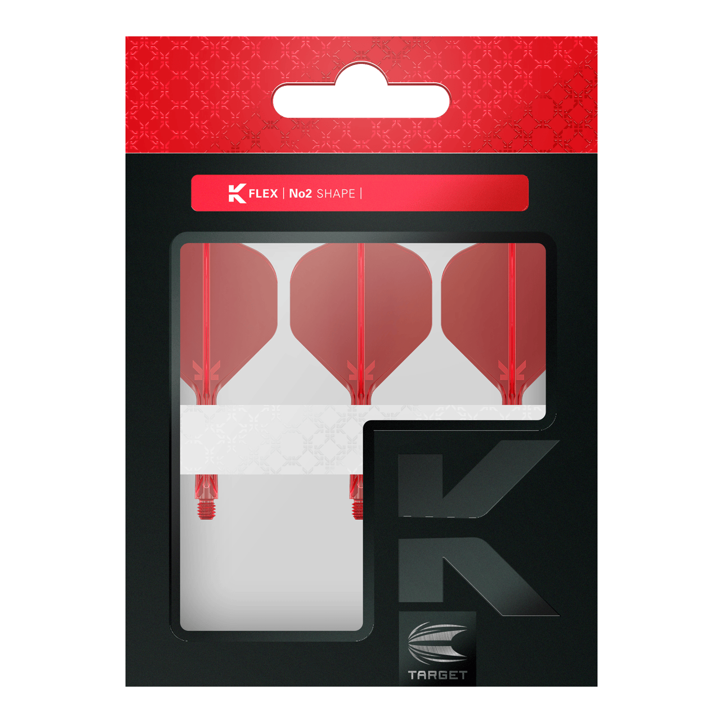 Sistema de vuelo estándar Target K-Flex No2 - Rojo Die Abbildung zeigt eine Packung mit drei roten Dart-Flights von Target in der Form No2. Die Verpackung ist überwiegend schwarz mit einem roten oberen Abschnitt und einem Sichtfenster.