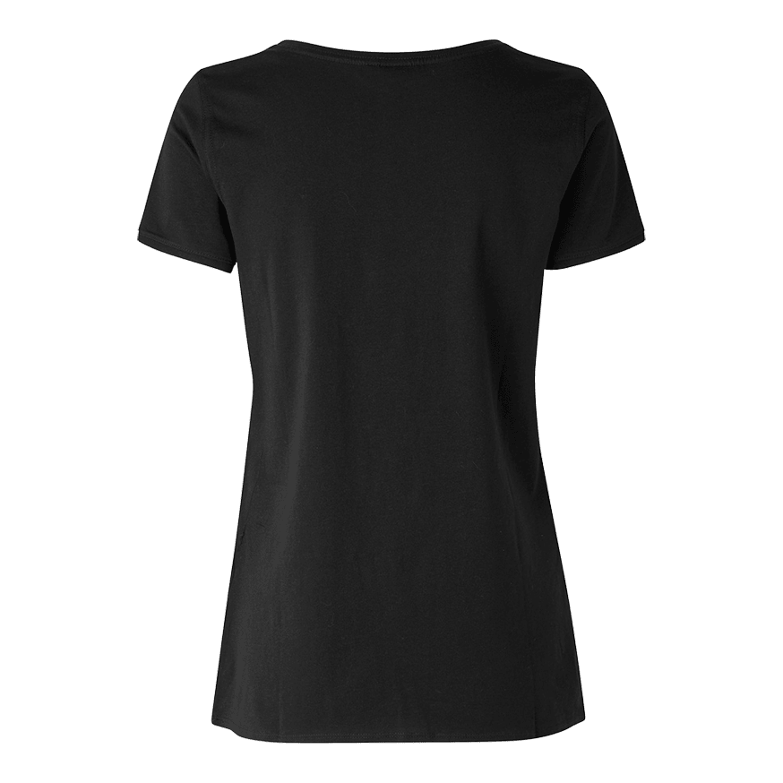 Camiseta Barriles y Ejes - Mujer - Negro Das Bild zeigt ein schwarzes Damen-T-Shirt von hinten. Das T-Shirt hat einen einfachen, klassischen Schnitt ohne sichtbare Aufdrucke oder Muster.