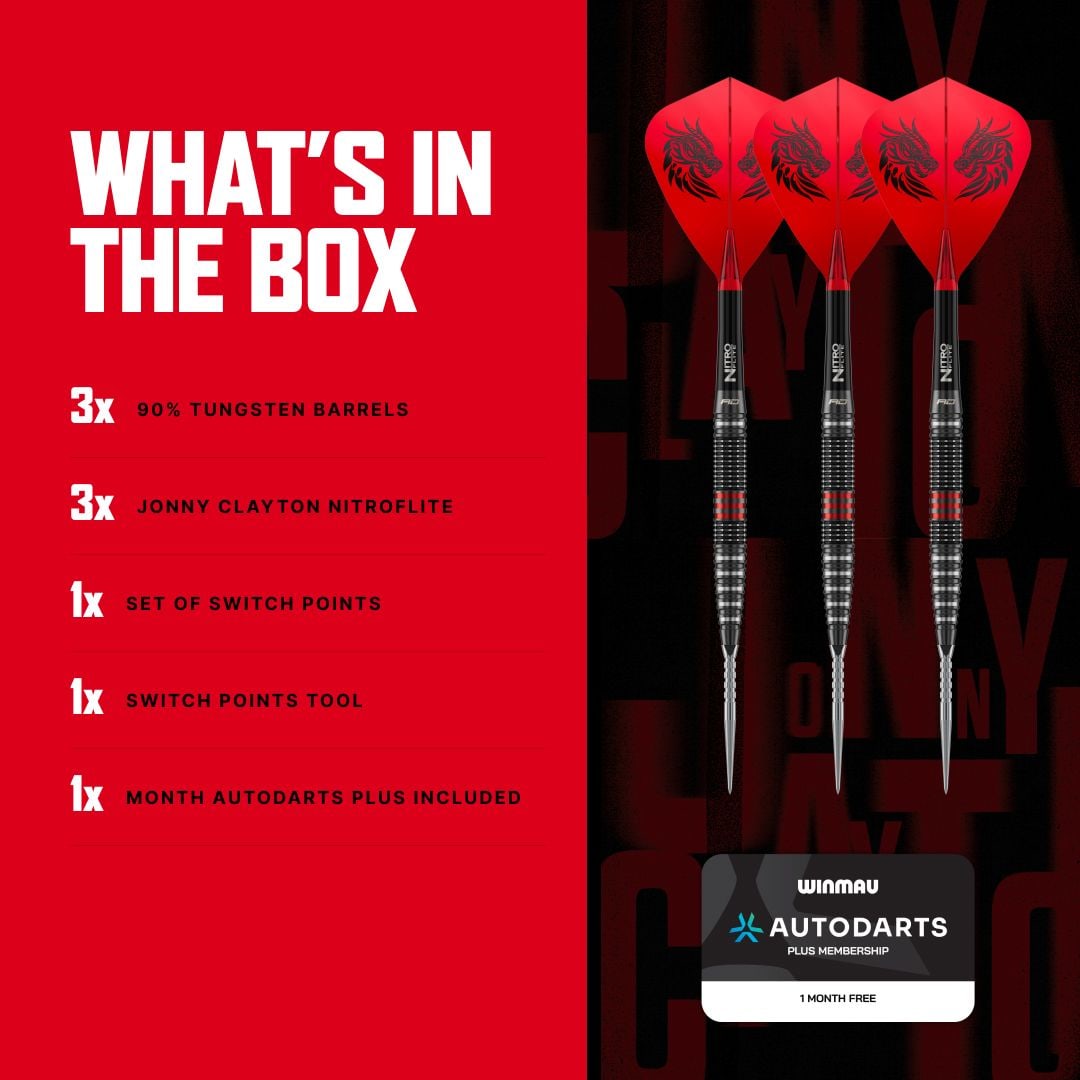 Die Aufnahme zeigt Red Dragon Jonny Clayton RD-PRO Switch Point Steeldarts aus einer anderen Perspektive. Die feine Struktur und Form der Darts ist erkennbar.