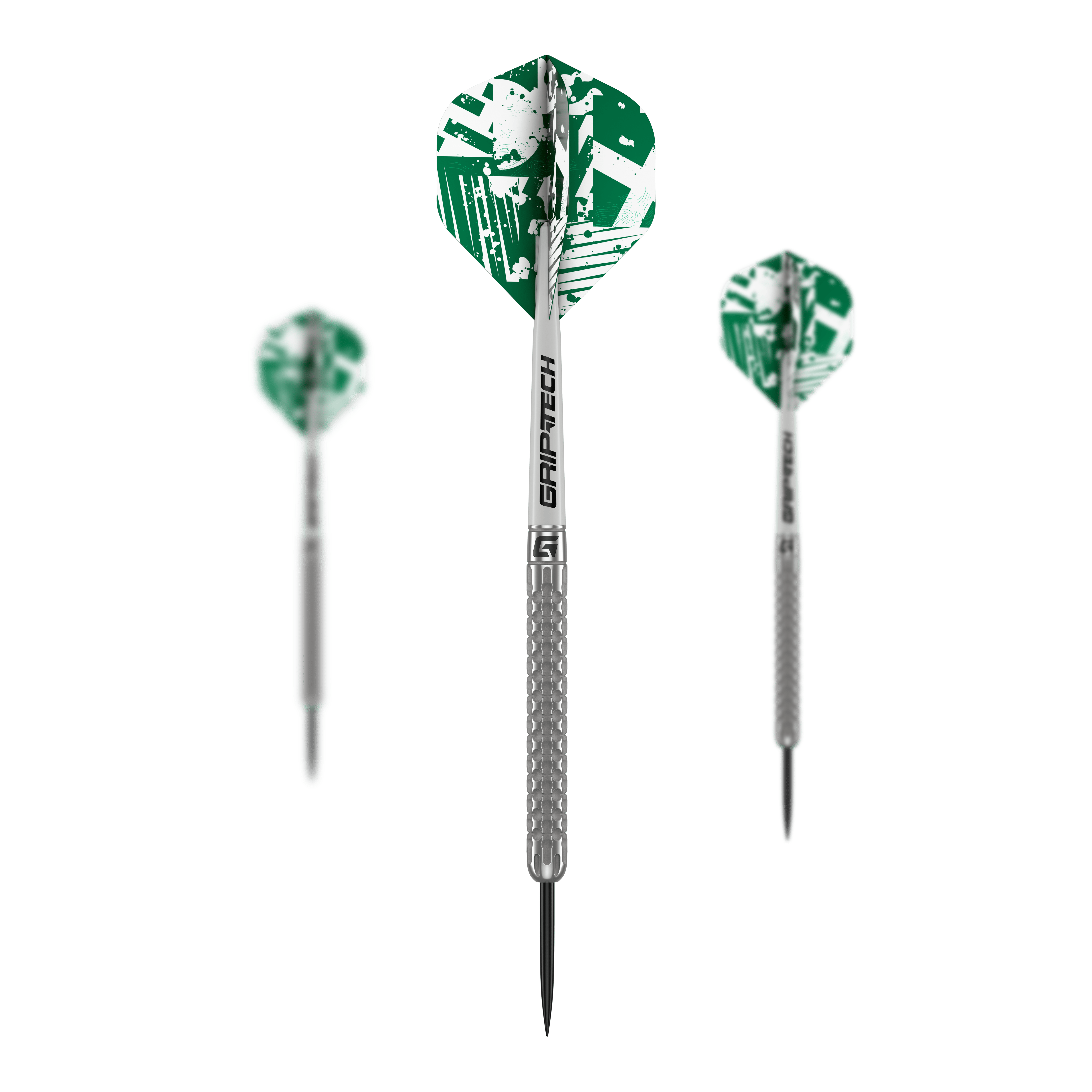 Dardos de acero de tungsteno GOAT Fairway V1 Das Bild zeigt drei GOAT Fairway V1 Tungsten Steeldarts mit grünen und weißen Flights. Die Darts haben silberne Griffe mit strukturiertem Muster und schwarzer Spitze.