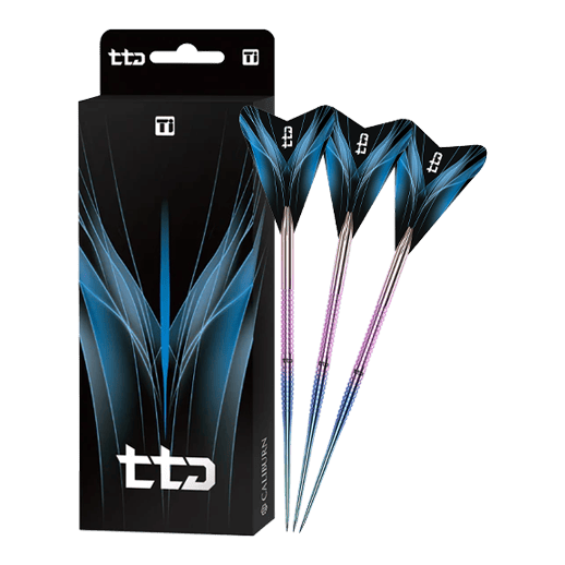 Caliburn TTD Complete Titanium T1 Rainbow Steeldarts - 5 g Das Bild zeigt den Caliburn TTD Complete Titanium T1 Rainbow Steeldarts - 5g. Der Steeldart besteht aus Titan und wirkt hochwertig.