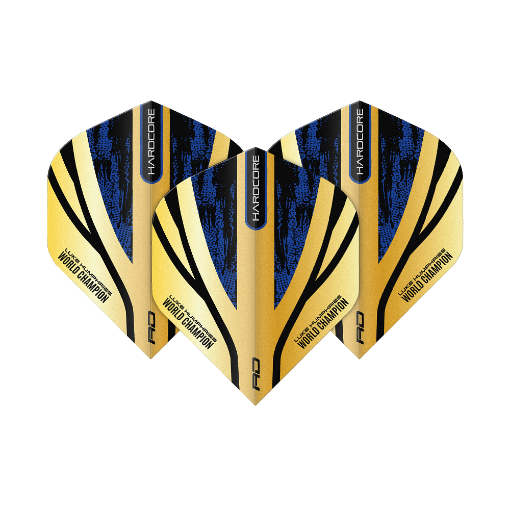 Vuelos Red Dragon Hardcore Premium Luke Humphries Gold Standard Das Bild zeigt drei Dart-Flights mit einem gold-schwarzen und blauen Design. Auf den Flights steht "Luke Humphries World Champion" sowie "Hardcore".