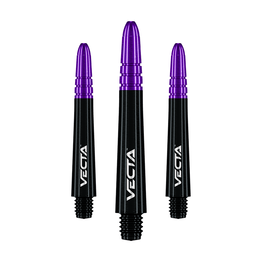 Winmau Vecta Shafts - Schwarz Lila Das Bild zeigt drei Dartschäfte mit schwarzem Schaft und violettem Kopf. Auf den Schäften steht das Wort "VECTA" in weißer Schrift.