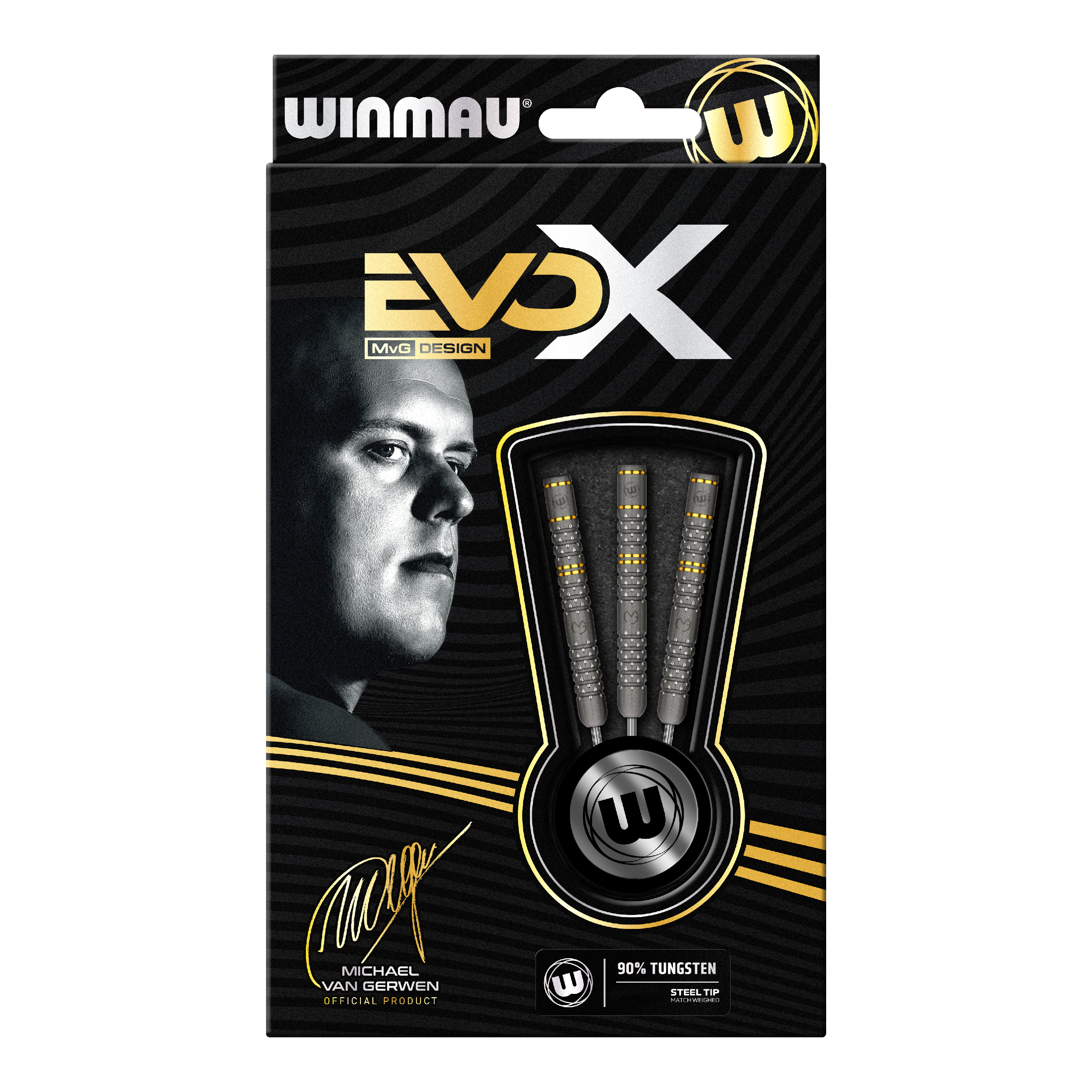 Dardos de acero Winmau Michael Van Gerwen Evo-X Die Verpackung zeigt die "Winmau Michael Van Gerwen Evo-X Steeldarts" mit stilvollem Design und prominenter Abbildung von Michael Van Gerwen. In der Packung sind drei Steeldarts mit 90% Tungsten-Anteil sichtbar.
