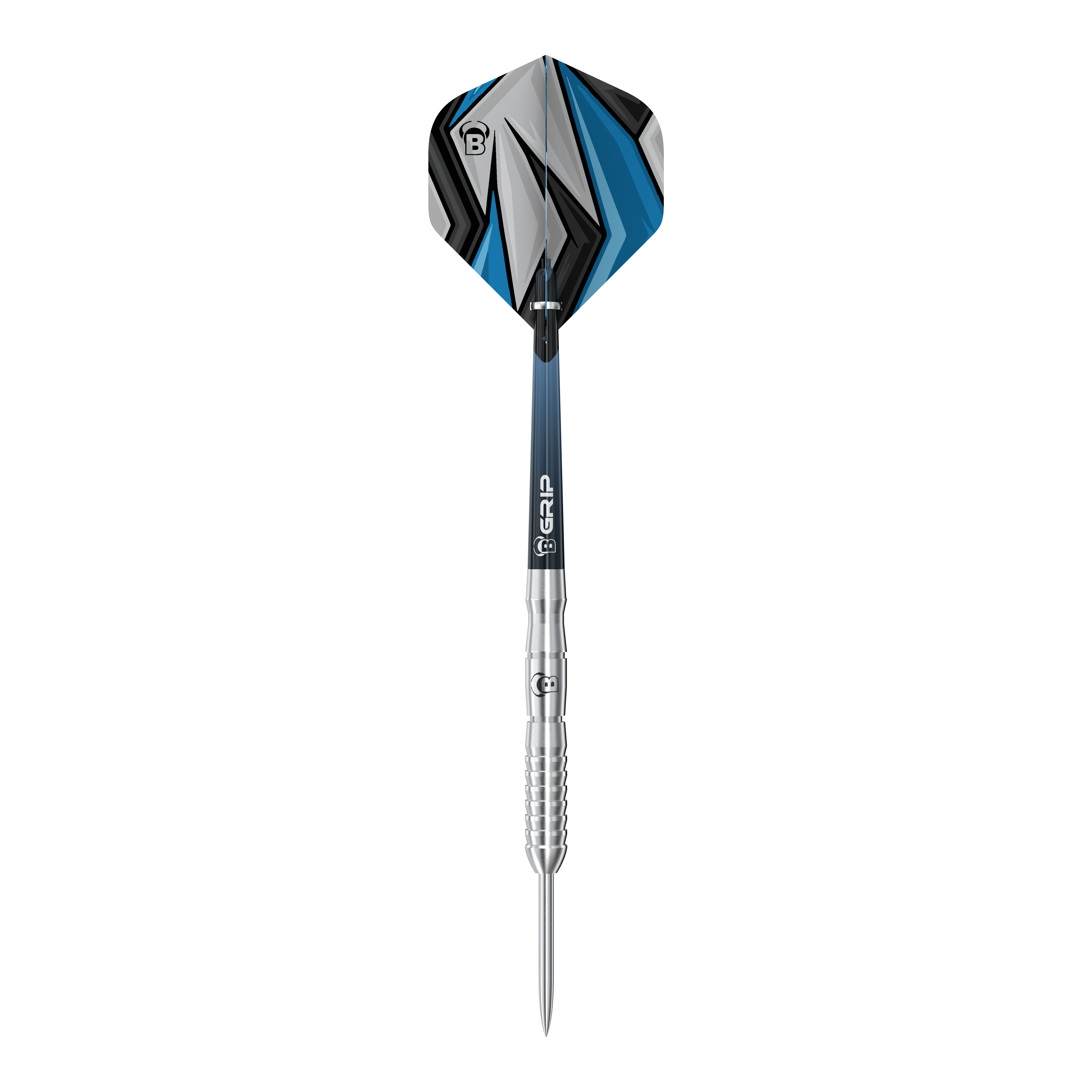 Dardos de acero Bulls Stone S3 Das Bild zeigt einen Bulls Stone S3 Steeldart. Der Dart hat ein silbernes Barrel und ein Flight mit blau-schwarzem Muster.
