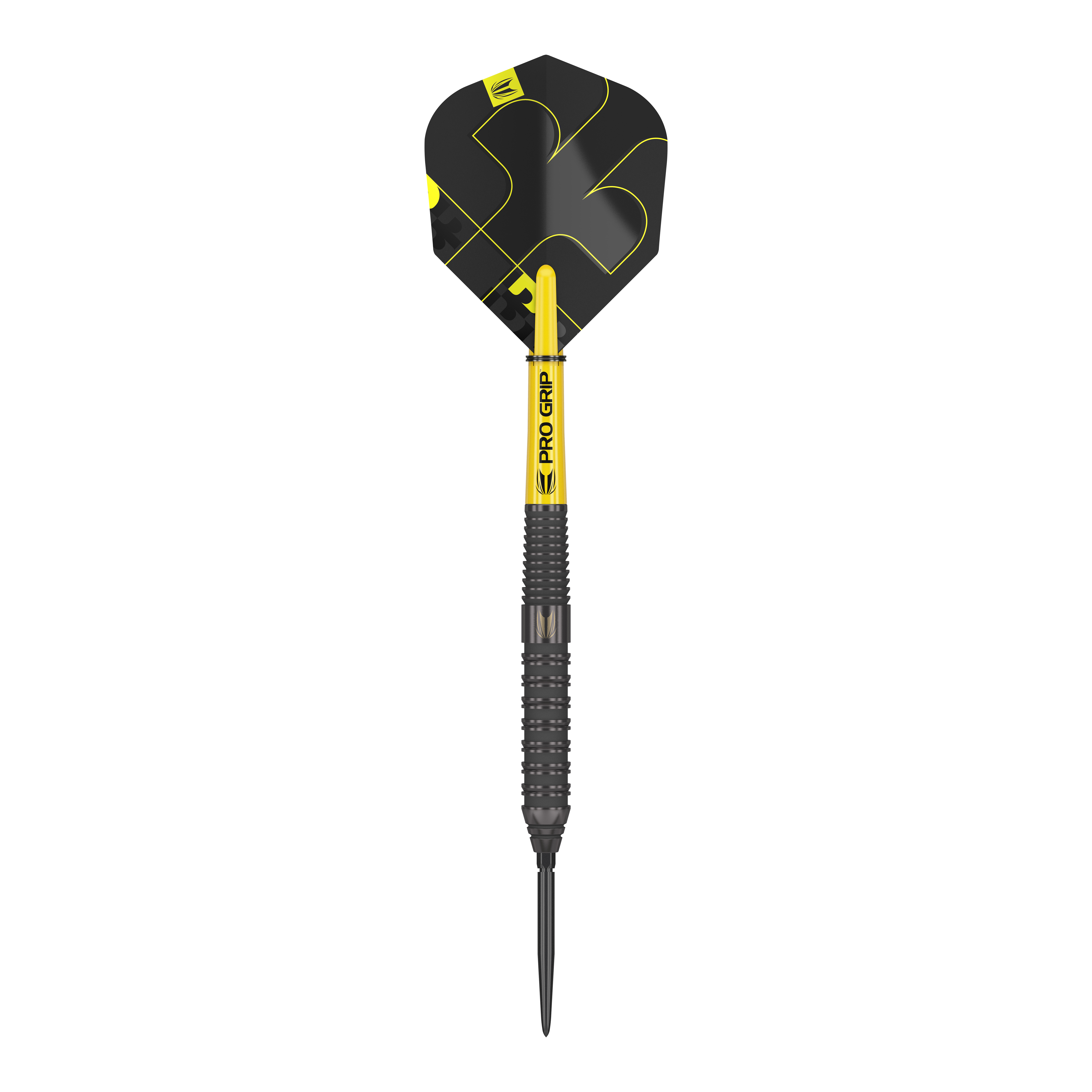 Dardos de acero Target Bolide Void 02 Swiss Point Das Bild zeigt einen Target Bolide Void 02 Swiss Point Steeldart. Der Dartpfeil ist schwarz mit gelben Akzenten und hat eine strukturierte Griffoberfläche.