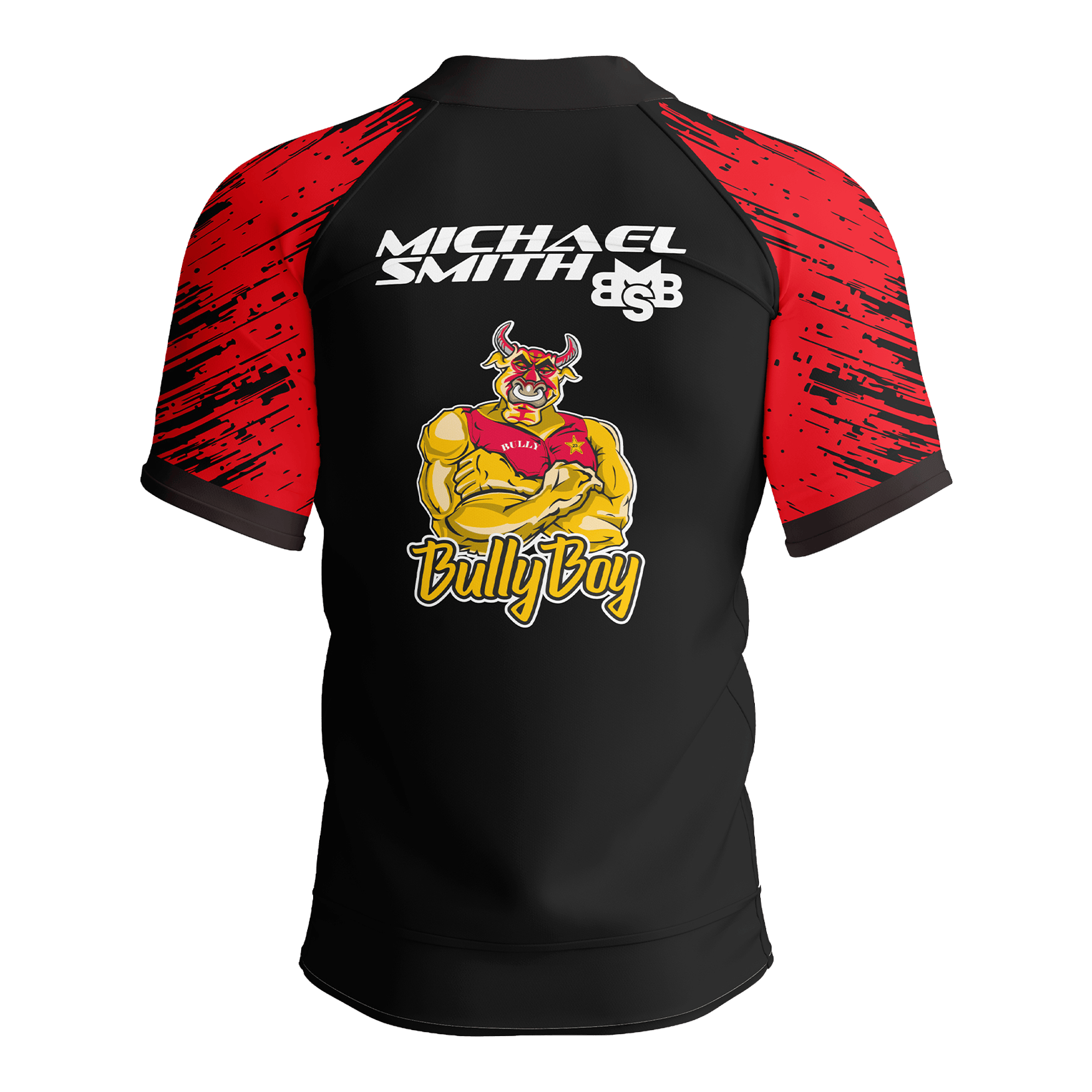 Foto de Michael Smith con polo de rayas rojas y dardos.