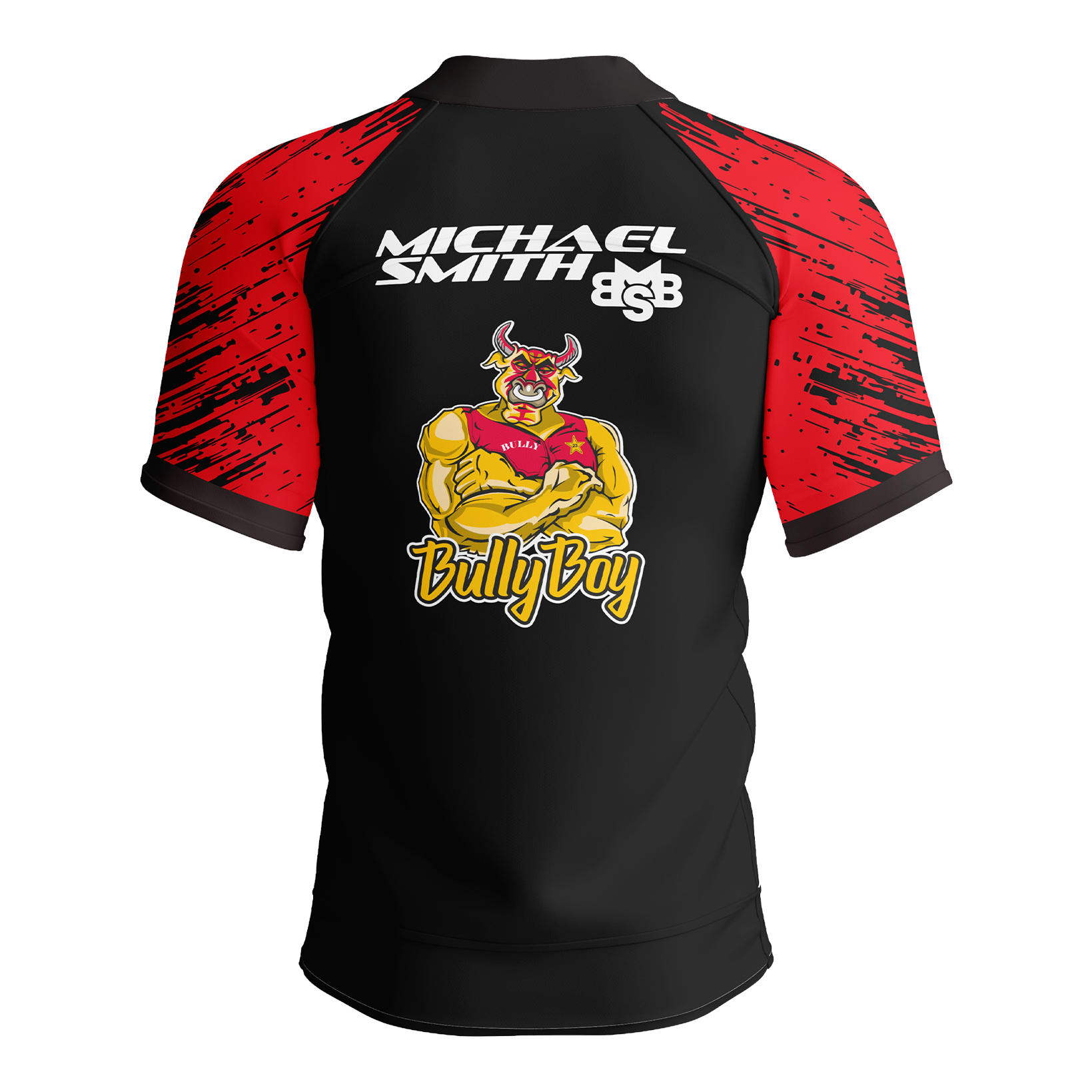 Foto de Michael Smith con polo de rayas rojas y dardos. Das Bild zeigt das Shot Michael Smith Red Strip Polo Dartshirt. Dieses Dartshirt ist speziell für Fans von Michael Smith entworfen.