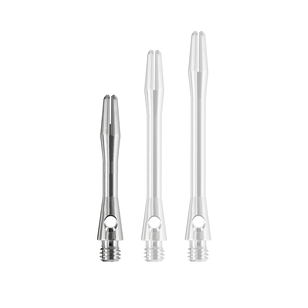 Das Bild zeigt drei silberfarbene Dartschäfte in unterschiedlicher Länge. Es handelt sich um die „Harrows Keramic Shafts - Gun Metal“.
