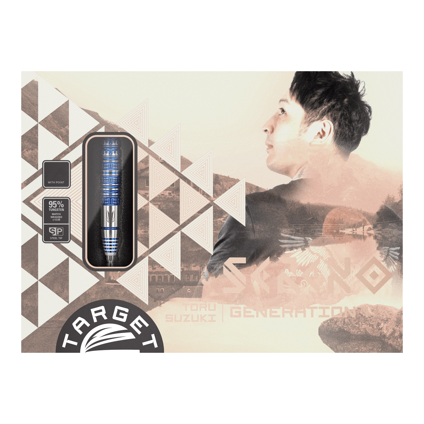 Die Verpackung zeigt die Steeldarts "Target Japan Toru Suzuki Sereno GEN1 Swiss Point" mit einem Gewicht von 21g. Auf der rechten Seite ist eine Porträtaufnahme eines Mannes abgebildet.