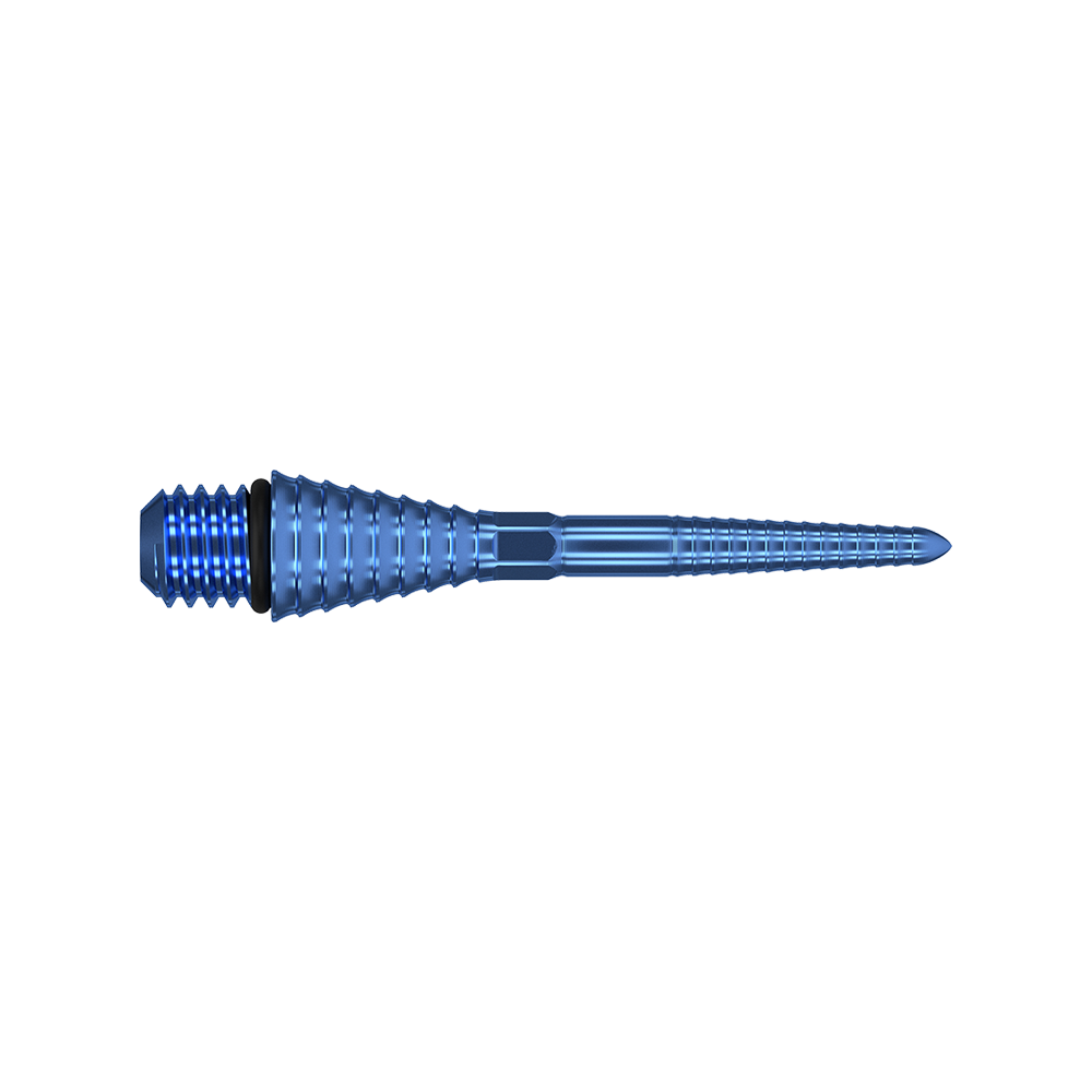 380176_Target_Titanium_Swiss_Point_Grooved_Conversion_Points_Blau_26mm_2 Das Bild zeigt eine blaue, gerillte Dartspitze aus Metall. Sie hat ein konisches Design mit Schraubgewinde am Ende.