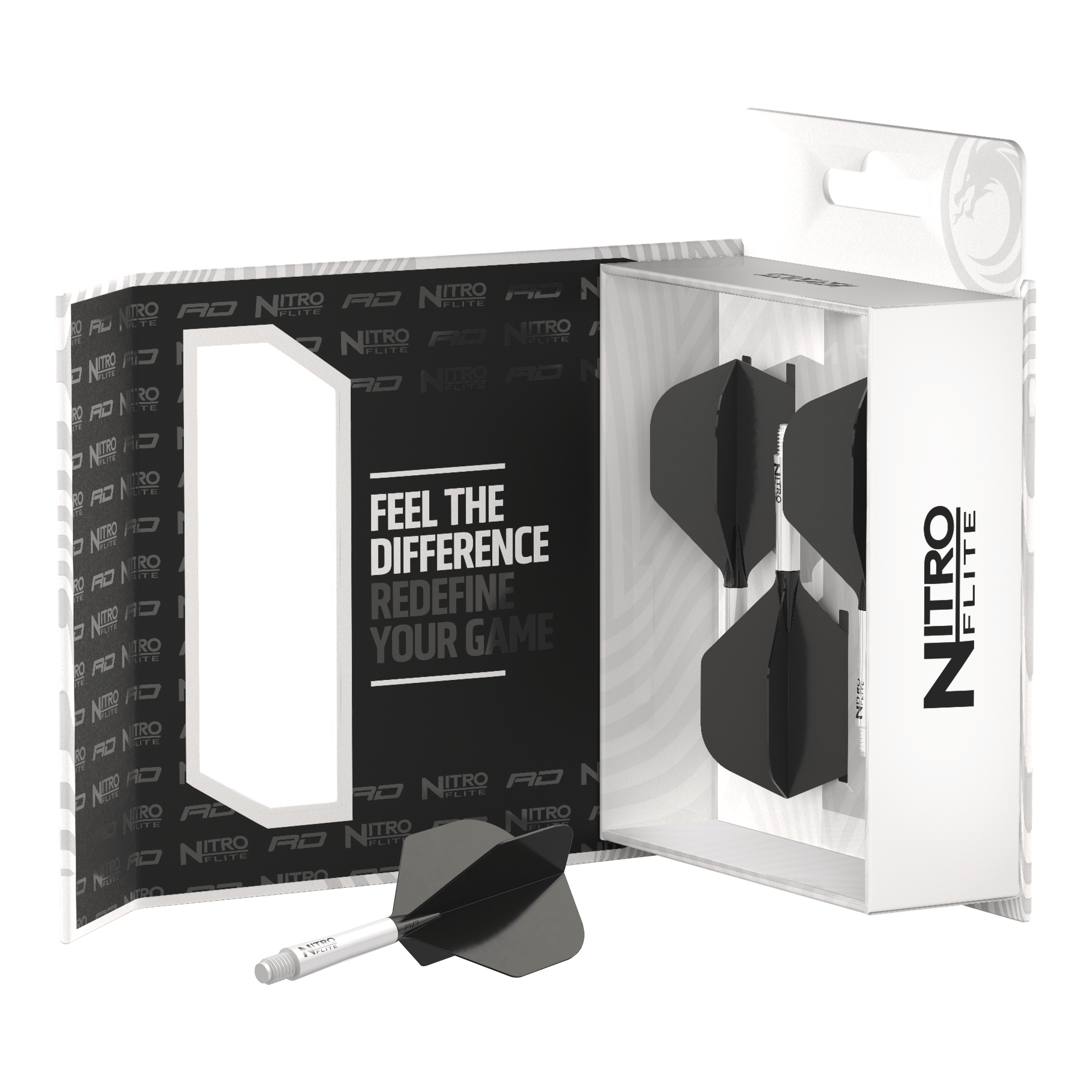 Das Bild zeigt die Verpackung des Produkts "Red Dragon Nitroflite - White Shaft Black No2 Flights". Im Inneren sind mehrere weiße Dartschäfte mit schwarzen Flights zu sehen.