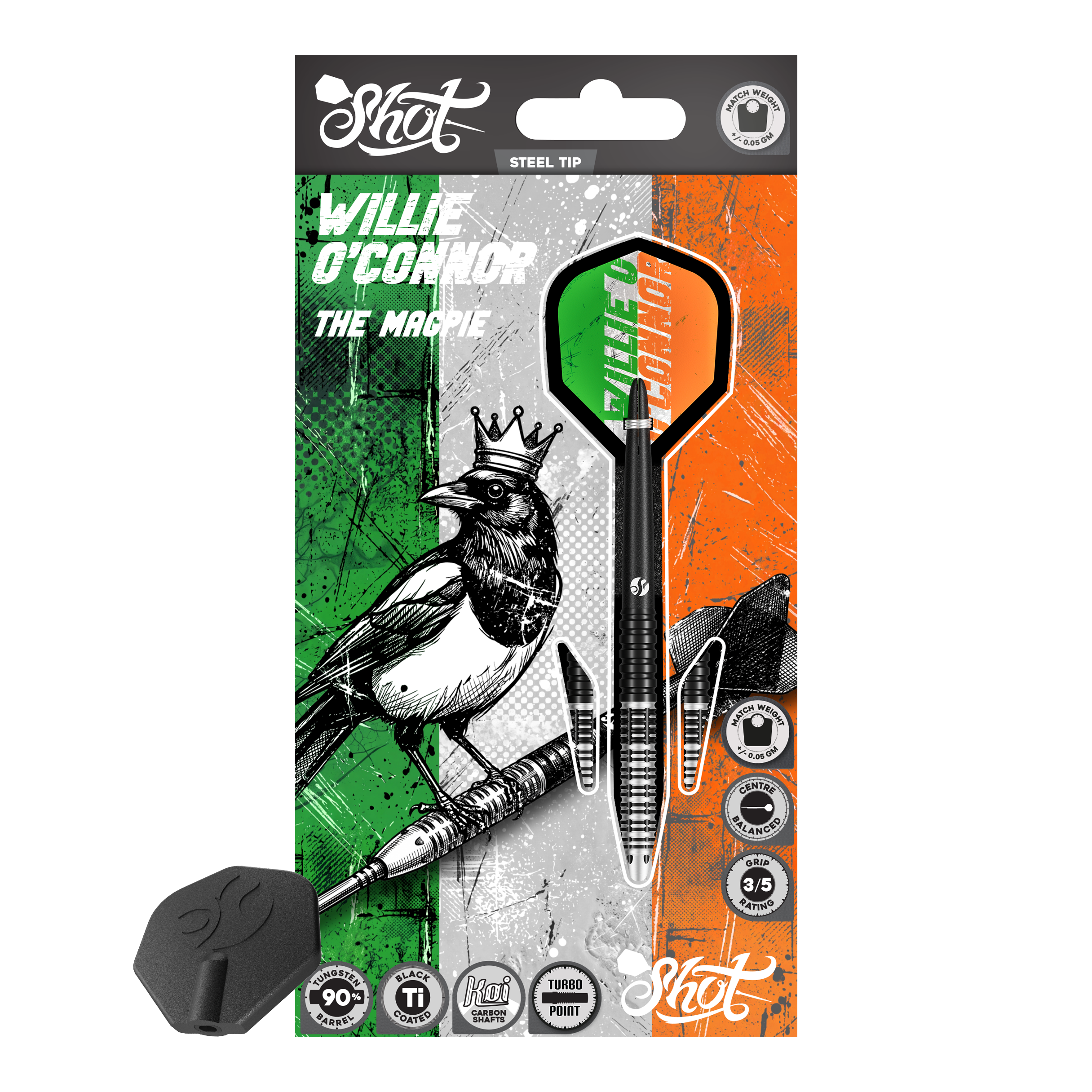 Shot Pro Series Willie O'Connor Magpie Turbo Point Steeldarts Shot Pro Series Willie O'Connor Magpie Turbo Point Steeldarts bestehen aus filigran gearbeiteten Dartpfeilen. Sie werden fächerförmig angeordnet gezeigt.