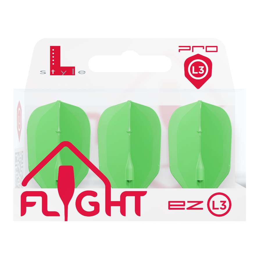 Vuelos L-L-Style3EZ Das Bild zeigt eine Packung mit drei neon-grünen Dartflights. Die Verpackung ist mit "L-Style Flight EZ L3" beschriftet.