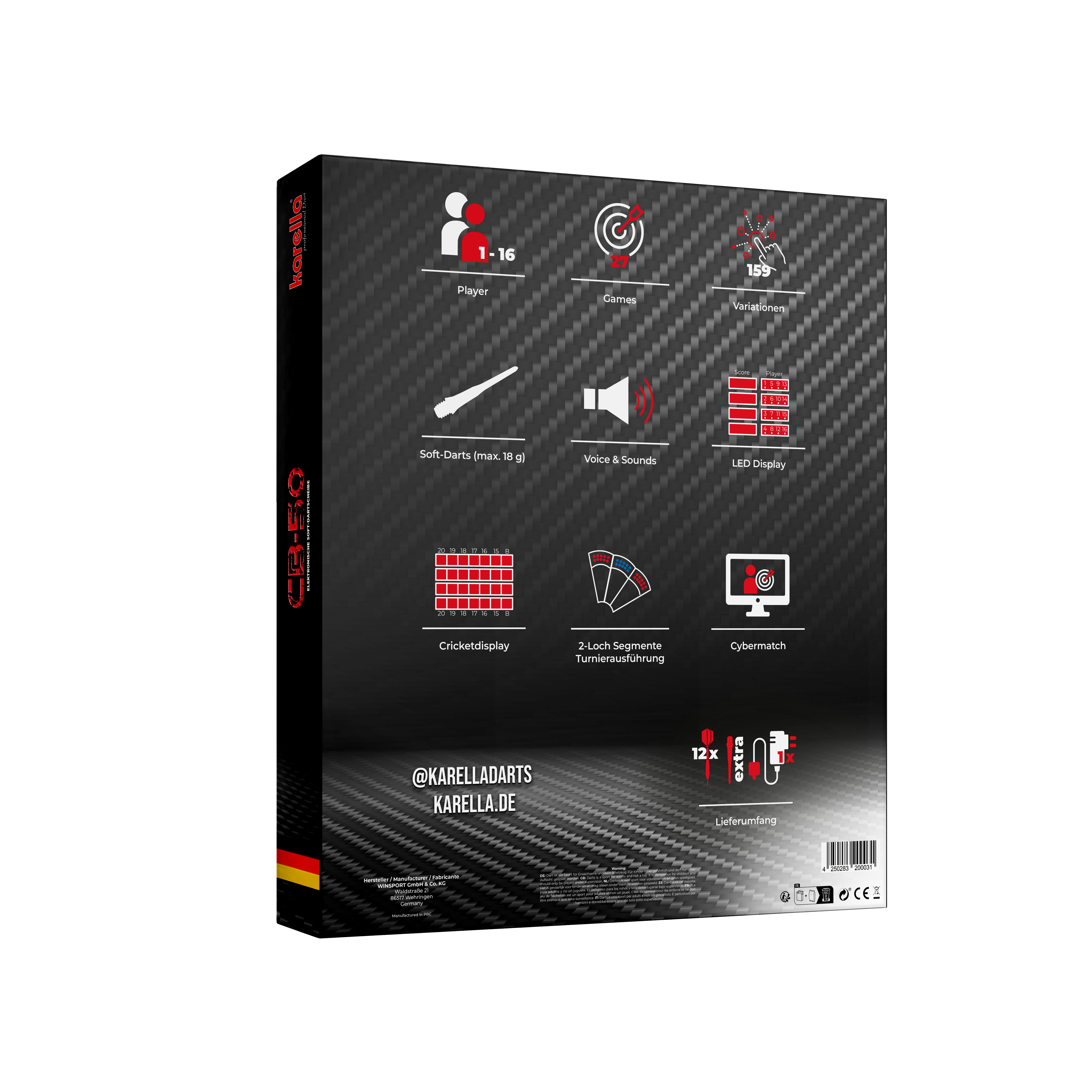 Die Abbildung zeigt die Verpackung der elektronischen Dartscheibe Karella CB 50 Turnierausführung. Auf der Rückseite sind die wichtigsten Produkteigenschaften und Funktionen grafisch dargestellt.