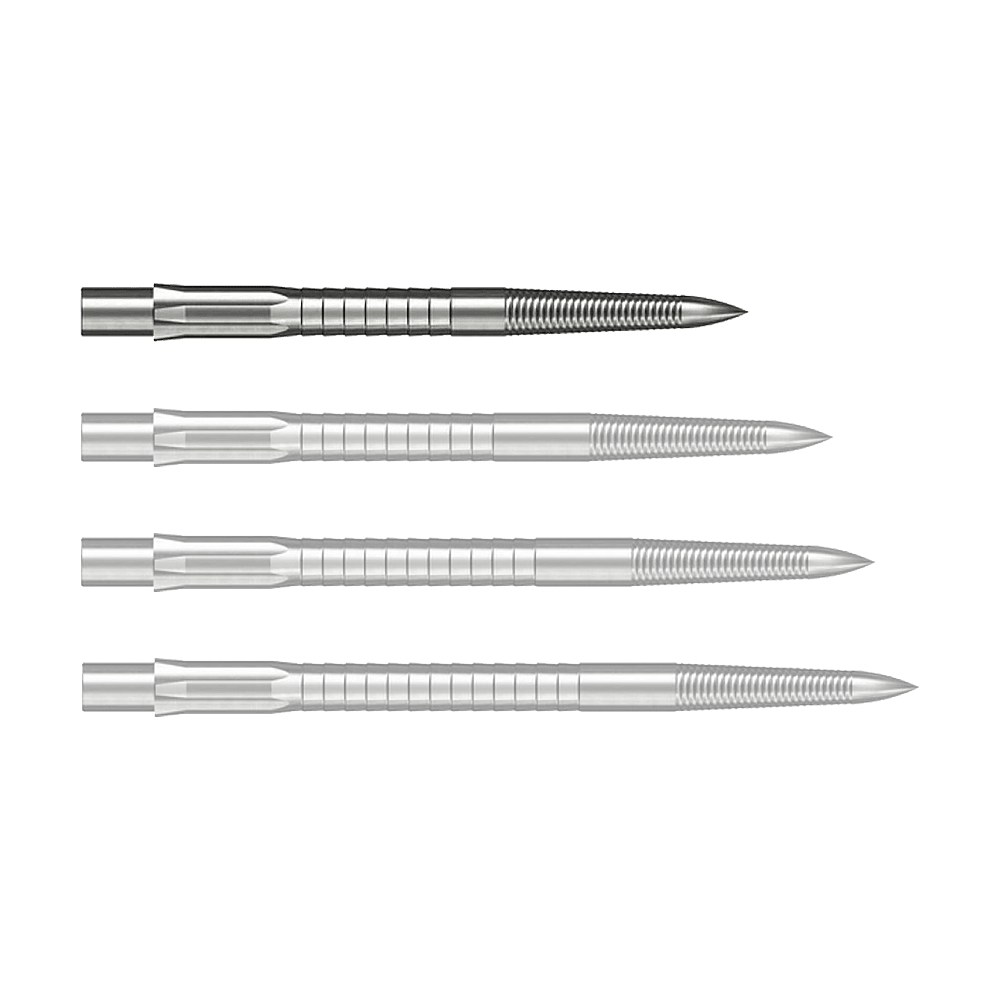 Puntas de dardos Caliburn System de acero - Micro Grip - Plateadas Abgebildet ist eine silberne Caliburn Evo System Steeldartspitze Micro Grip mit 28 mm Länge. Die Spitze liegt deutlich sichtbar auf einem hellen Hintergrund.