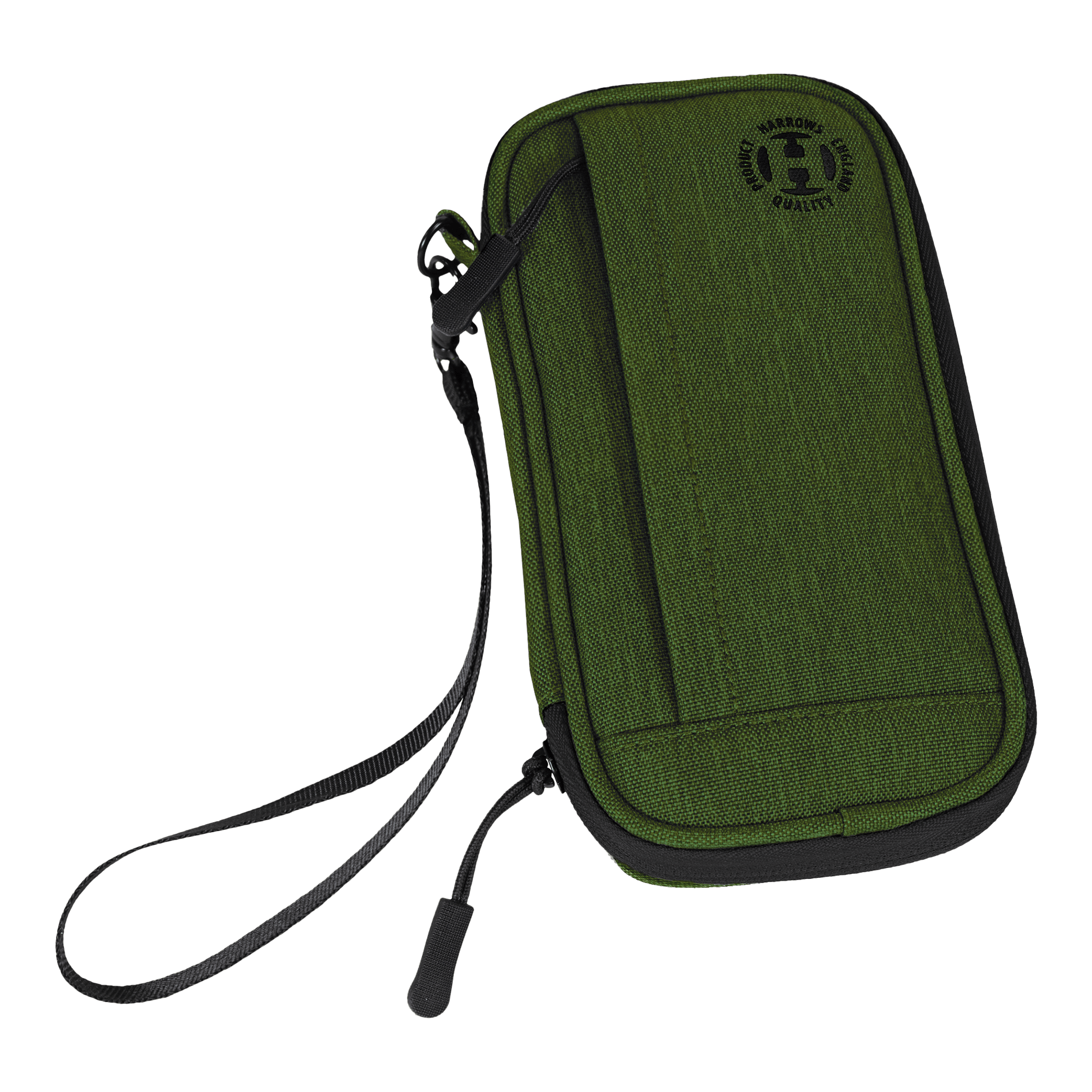 Cartera inteligente Harrows Dartcase Dies ist ein grünes Dart-Etui mit einem schwarzen Reißverschluss und einer Handschlaufe. Auf der Vorderseite befindet sich ein rundes Logo mit der Aufschrift "Harrows Quality".
