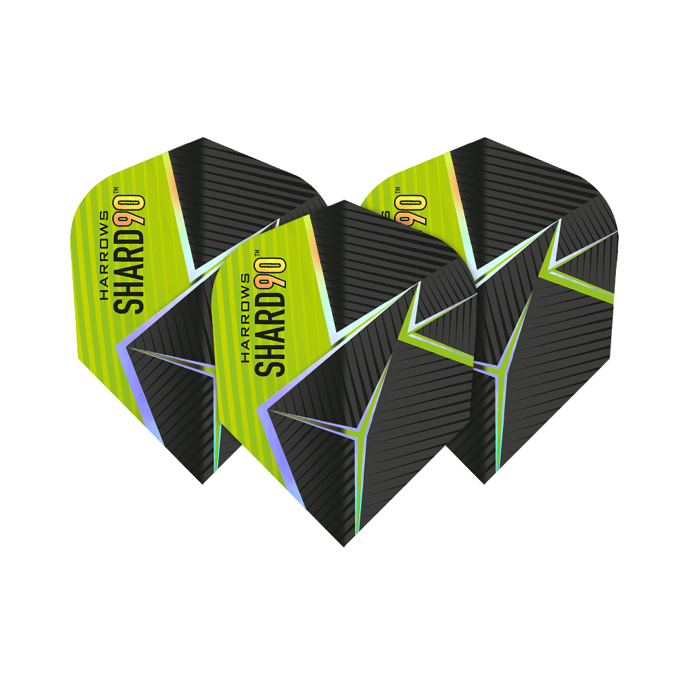 Harrows Prime Shard No6 Vuelos Das Bild zeigt drei Harrows Prime Shard No6 Flights für Darts. Die Flights haben ein schwarz-gelbes Design mit futuristischen Linien und dem Aufdruck "SHARD 90".