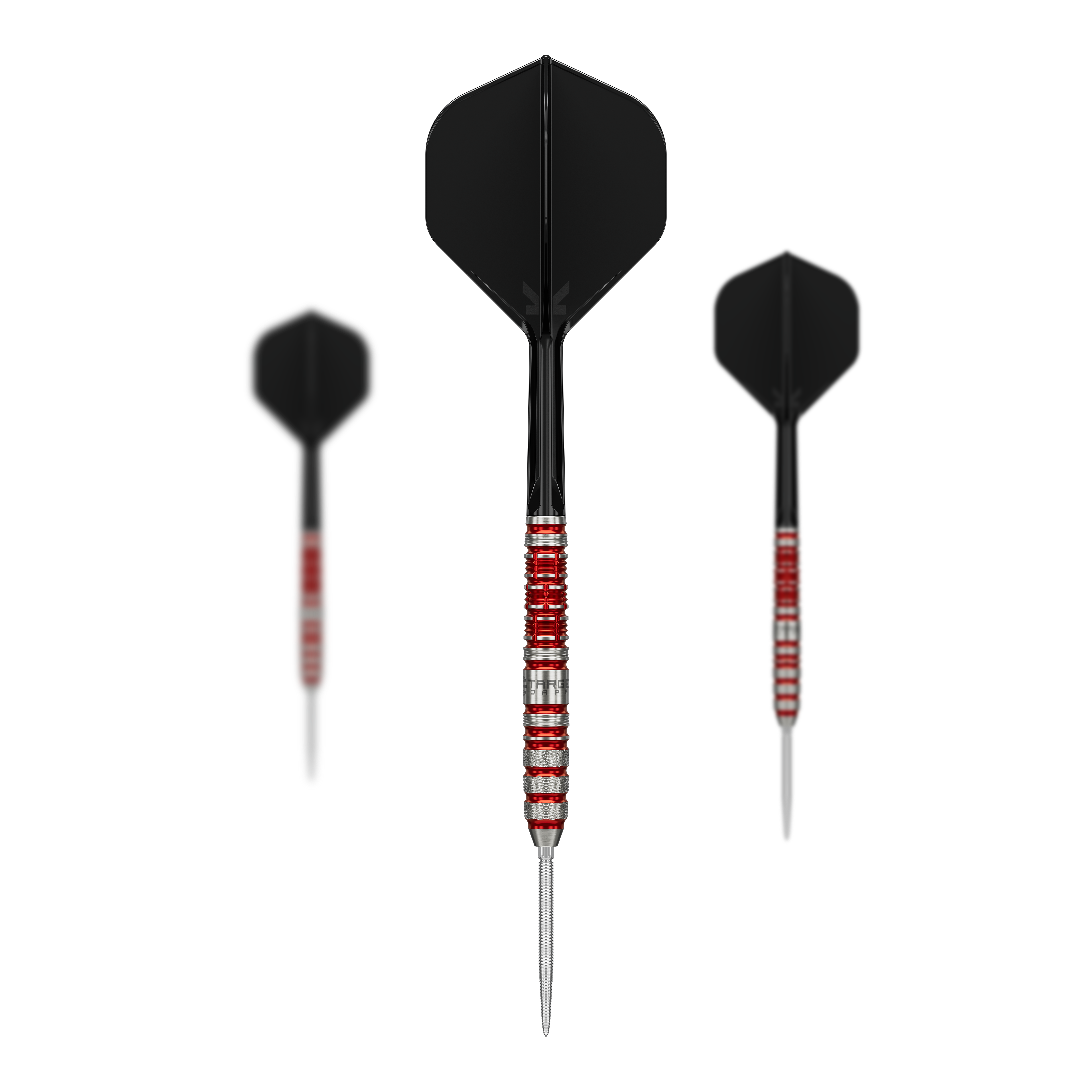 Hier sieht man das Set der Target Japan Black Marque Spinel Swiss Point Steeldarts - 23g. Das Set besteht aus mehreren hochwertigen Pfeilen für das Dartspiel.