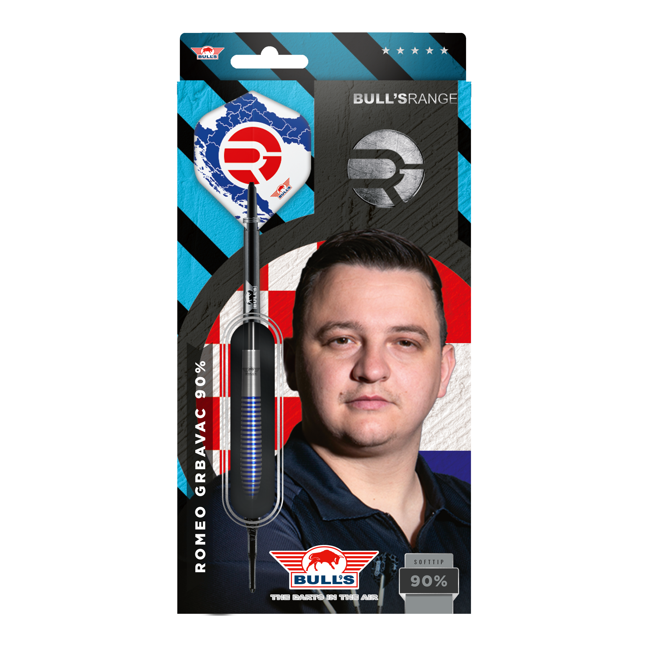 Dardos blandos Bulls NL Romeo Grbavac - 19 g Die Verpackung zeigt die Softdarts "Bulls NL Romeo Grbavac" mit einem Gewicht von 19g. Auf der Vorderseite ist auch das Bild eines Mannes und das Logo von Bulls abgebildet.