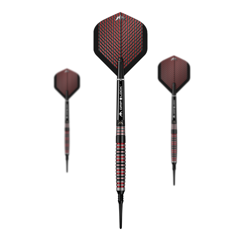 Dardos blandos Mission Red Dawn Modelo 3 - 20 g Das Bild zeigt drei Softdarts des Modells Mission Red Dawn Model 3 mit einem Gewicht von 20g. Die Darts haben schwarze und rote Flights sowie silberne und rote Griffe.