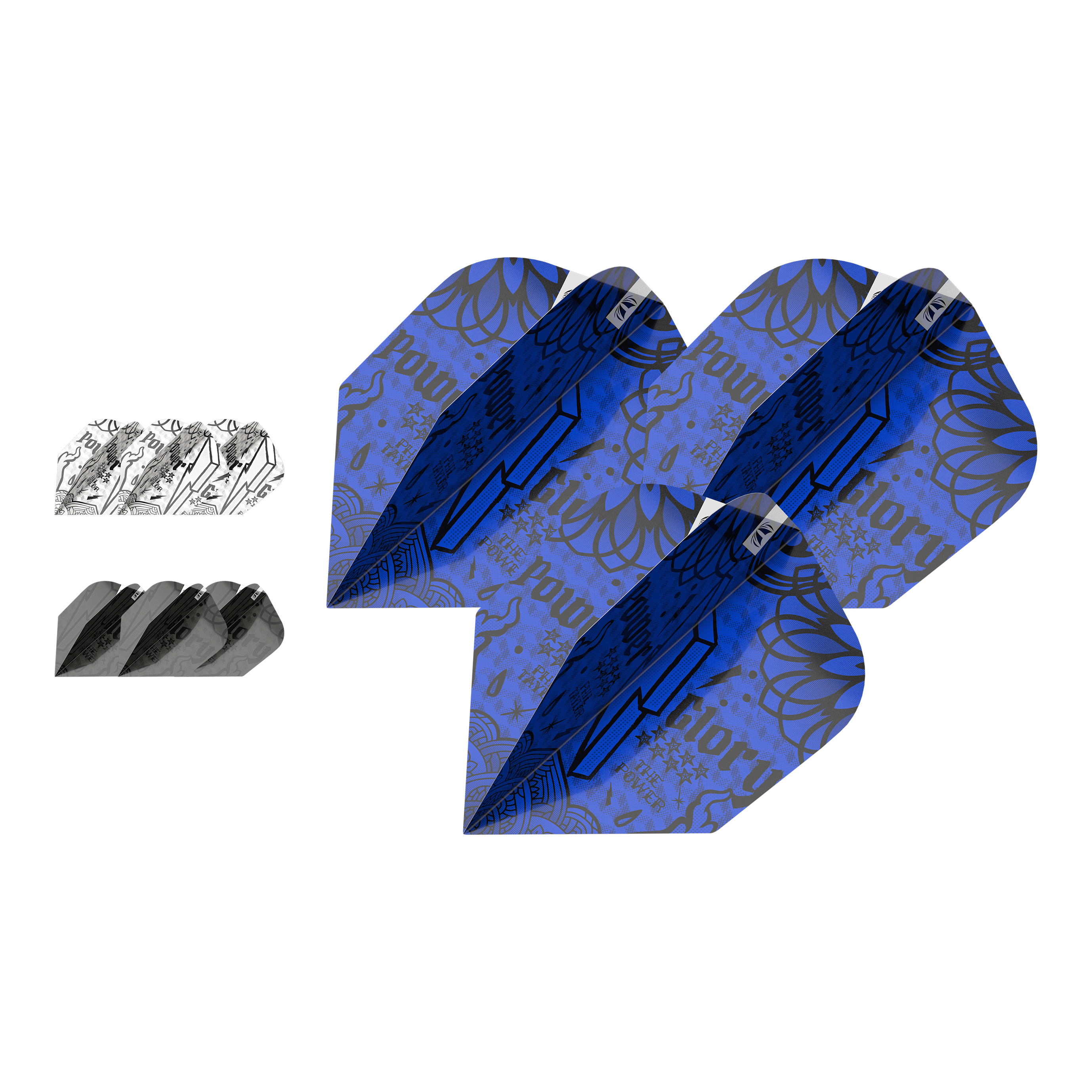 Paquete de tinta Target 3 juegos de plumas Power No6 Das Bild zeigt drei Sets von Target Ink Bundle Power No6 Flights in verschiedenen Farben und Designs. Die Flights sind in Blau, Schwarz und Weiß mit auffälligen grafischen Mustern gestaltet.