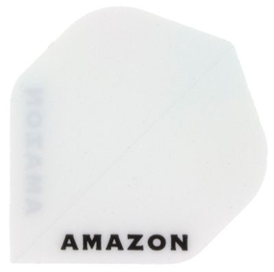 a3 Das Bild zeigt ein weißes Dartflugblatt mit der Aufschrift "AMAZON" in schwarzer Schrift. Es handelt sich um das Produkt "Amazon Flights A3".