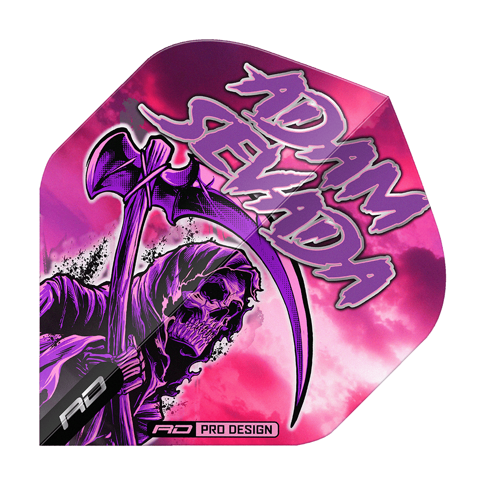 Vuelos estándar Red Dragon Hardcore Adam Sevada Premium No2 Das Bild zeigt das Produkt "Red Dragon Hardcore Adam Sevada Premium No2 Standard Flights". Auf dem Flight ist ein düsteres Sensenmann-Motiv vor einem pink-violetten Hintergrund mit dem Schriftzug "Adam Sevada" zu sehen.