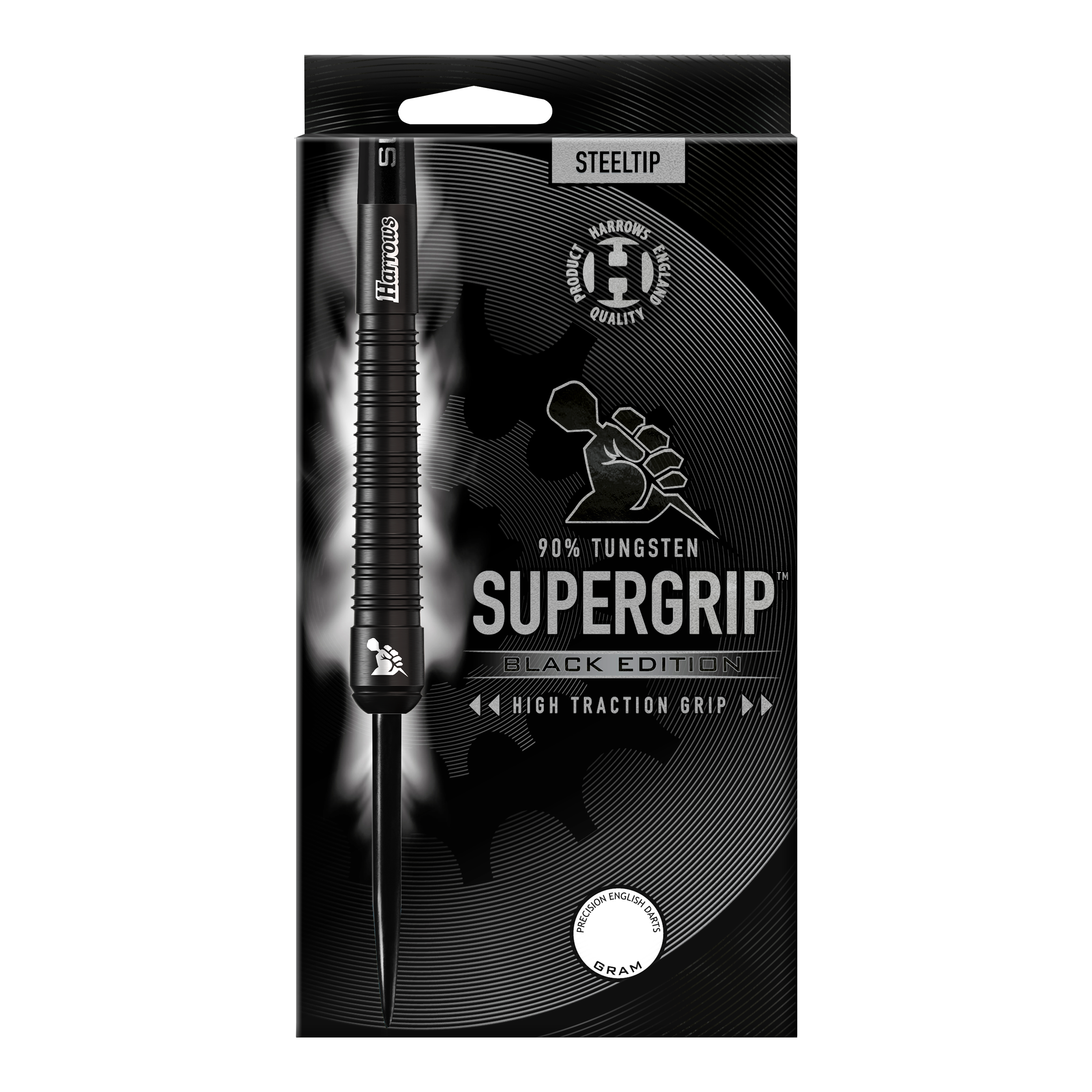 Dardos de acero Harrows Supergrip Black Edition Das Bild zeigt die Verpackung der "Harrows Supergrip Black-Edition Steeldarts". Die Verpackung ist schwarz gehalten und hebt die hohe Griffigkeit sowie einen 90%igen Tungsten-Anteil hervor.