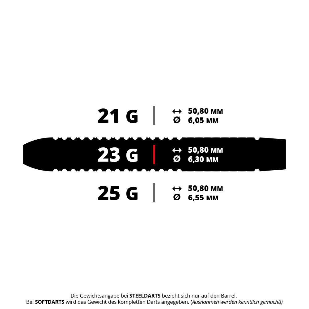 Das Bild zeigt drei verschiedene Steeldarts-Barrel-Gewichte: 21 g, 23 g und 25 g, jeweils mit einer Länge von 50,80 mm. Die Durchmesser variieren je nach Gewicht: 6,05 mm, 6,30 mm und 6,55 mm.