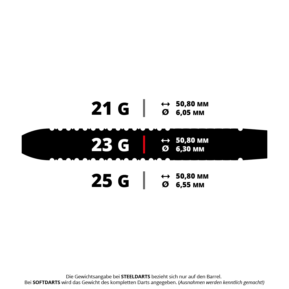Misión Horus Steeldarts Das Bild zeigt drei verschiedene Steeldarts-Barrel-Gewichte: 21 g, 23 g und 25 g, jeweils mit einer Länge von 50,80 mm. Die Durchmesser variieren je nach Gewicht: 6,05 mm, 6,30 mm und 6,55 mm.
