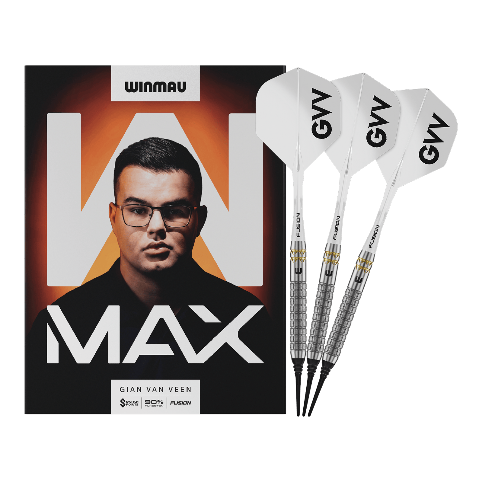 Dardos blandos Winmau Gian Van Veen W-MAX - 18g Winmau Gian Van Veen W-MAX Softdarts - 18g werden vollständig dargestellt. Alle Details der drei Darts sind sichtbar.