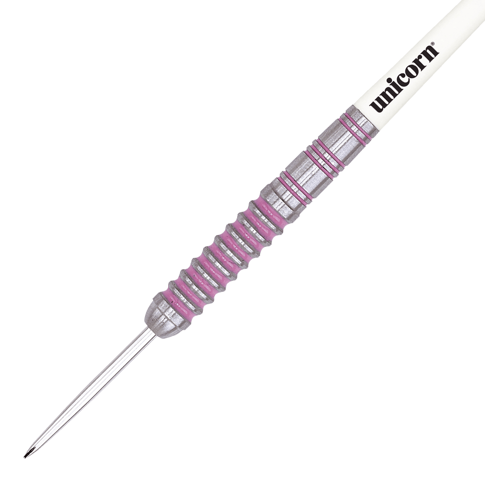 06020_Unicorn_Autograph_Steeldarts_2 Dieses Bild zeigt einen Unicorn Autograph Steeldart. Der Dart hat einen silbernen Schaft mit pinken Ringen und einer weißen Oberseite mit dem Schriftzug "unicorn".