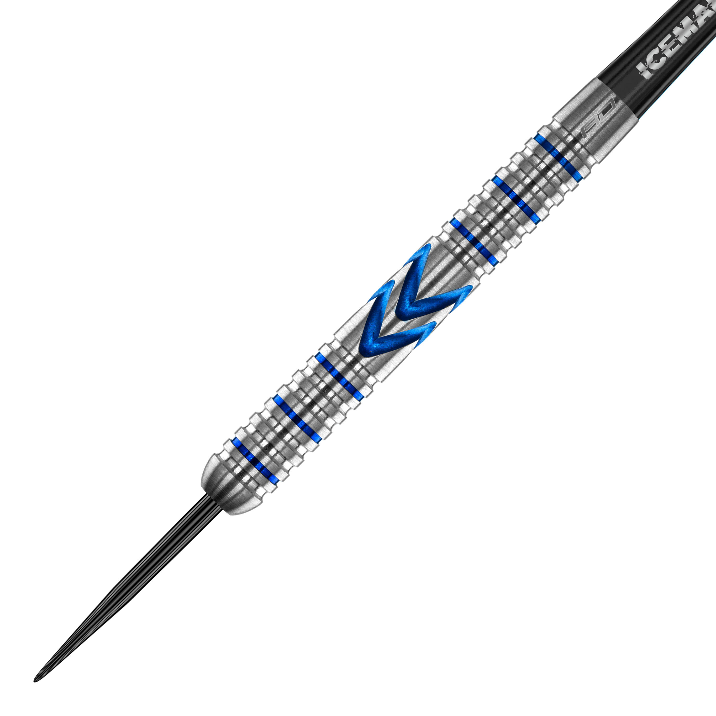 Dardos de acero Red Dragon Gerwyn Price Iceman Midnight Edition Das Bild zeigt einen Steeldart mit silberner Oberfläche und blauen Akzenten. In der Mitte befindet sich ein markantes blaues Muster in Pfeilform.