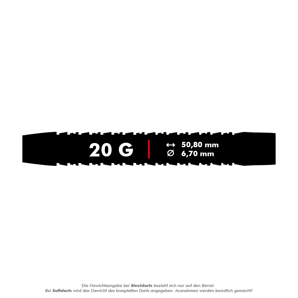 RD2535_Red_Dragon_Razor_Edge_Elite_Softdarts_5_20g Das Bild zeigt die Produktangaben der Red Dragon Razor Edge Elite Softdarts mit einem Gewicht von 20 Gramm. Die Darts haben eine Länge von 50,80 mm und einen Durchmesser von 6,70 mm.