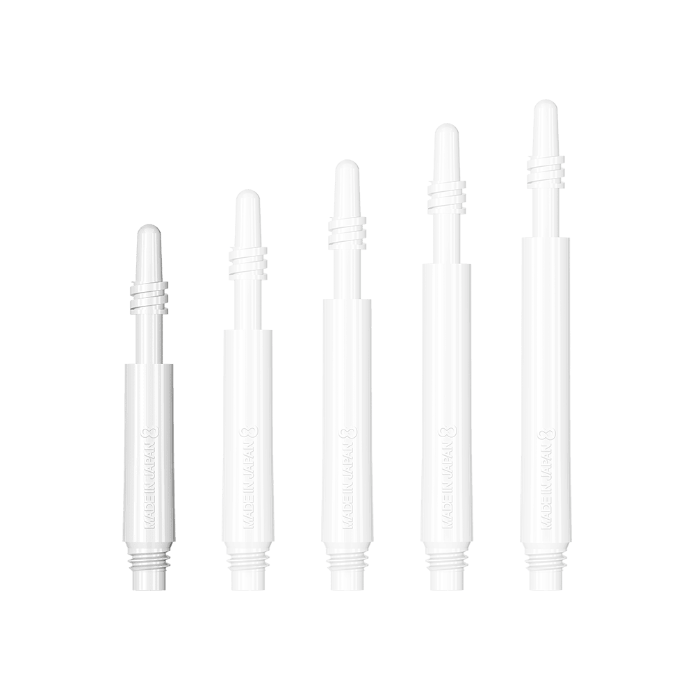 400315_8Flight_Regular_Spin_Shafts_White_19mm_1fZuXeyx0zZPWR Das Bild zeigt fünf weiße Dartschäfte des Modells „8 Flight Regular Spin“. Die Schäfte sind in unterschiedlicher Länge angeordnet.