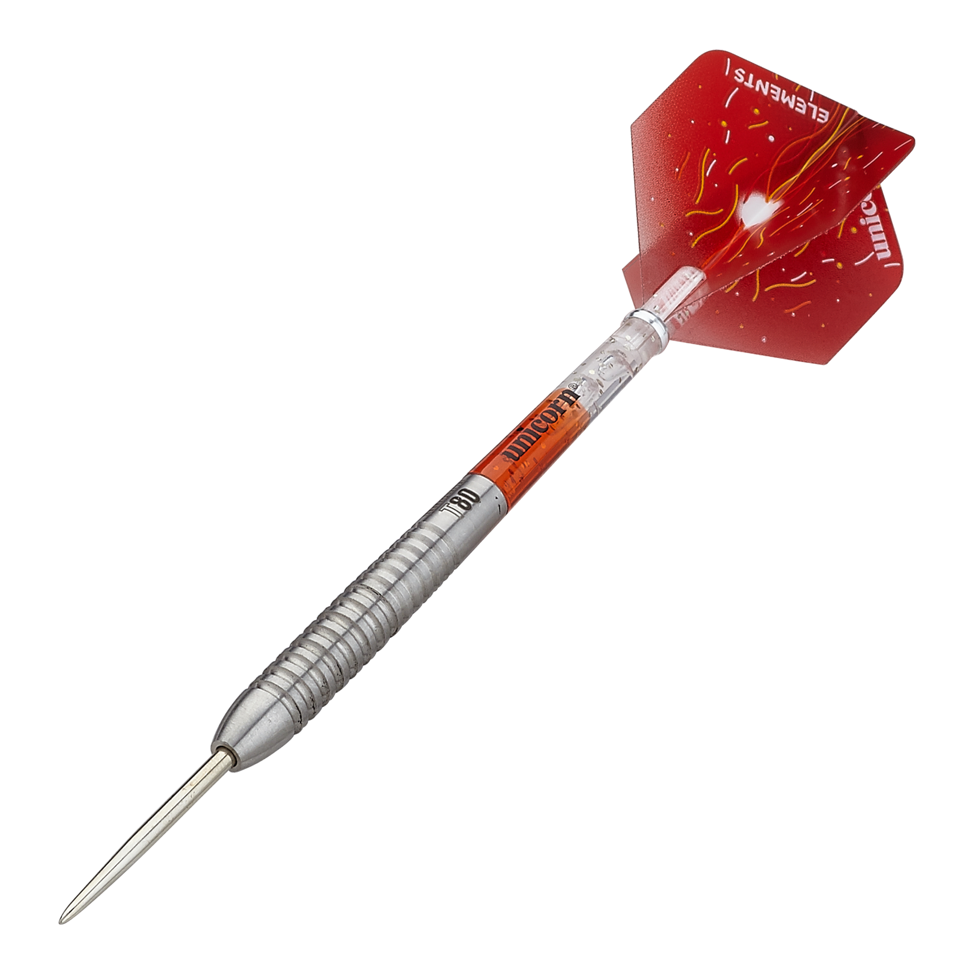 Dardos de acero Unicorn Core XL Striker Style 5 Das Bild zeigt einen Unicorn Core XL Striker Style 5 Steeldart. Der Dartpfeil hat einen silbernen Schaft und rote Flights mit gelben Mustern.