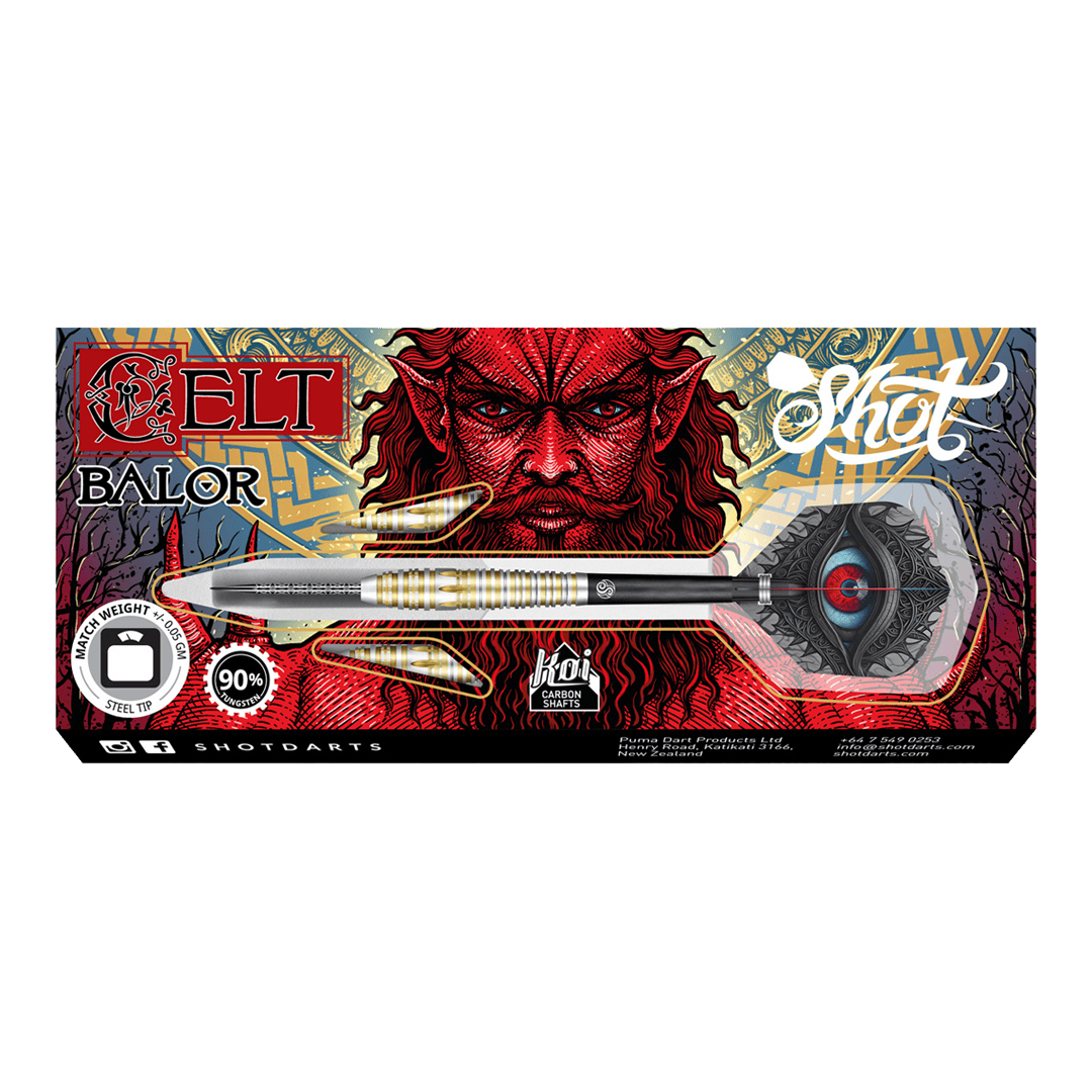 Dardos de acero Shot Celt Balor Das Bild zeigt die Verpackung der "Shot Celt Balor Steeldarts". Im Hintergrund ist ein auffälliges, rotes Fantasy-Gesicht und kunstvolles Design zu sehen.
