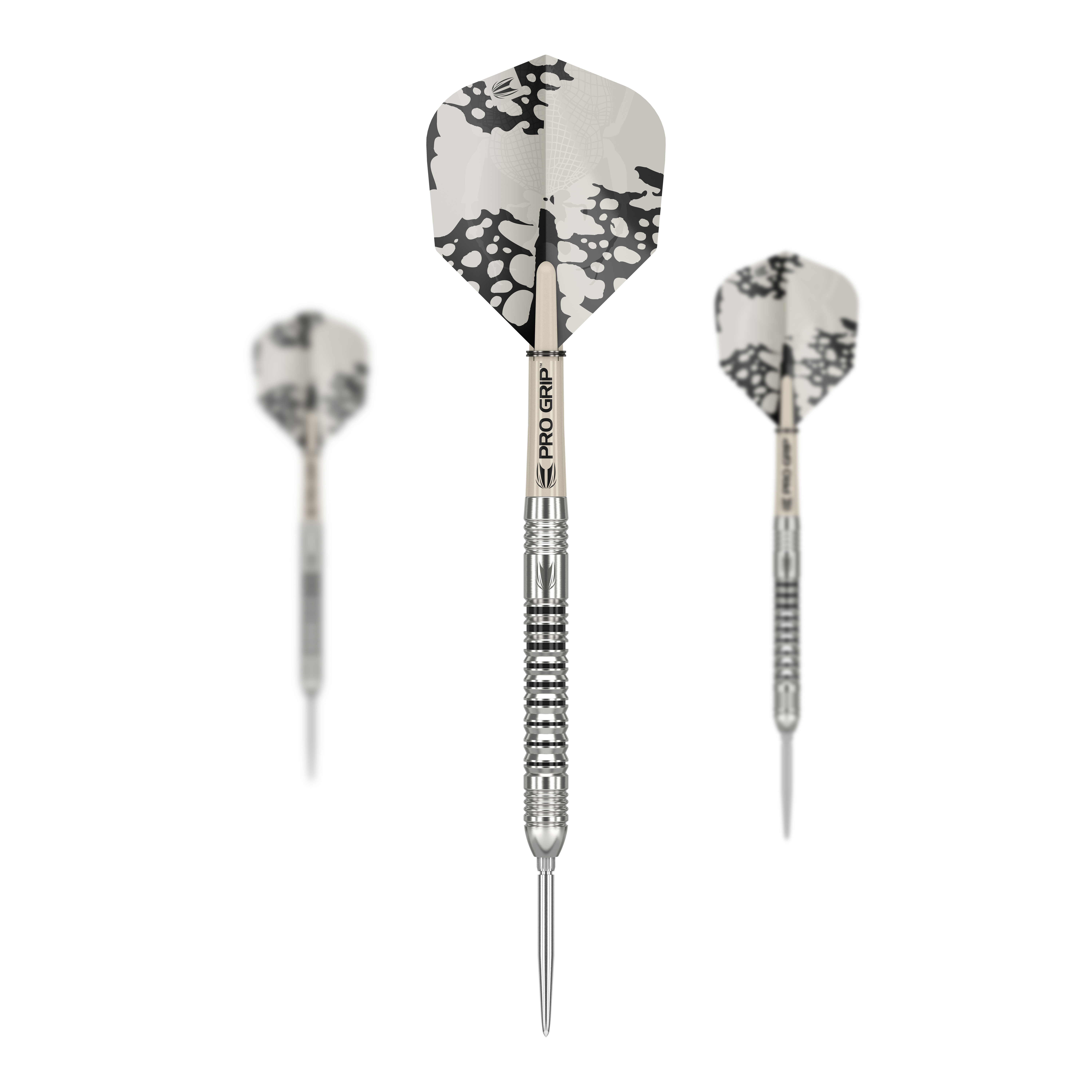 Dardos de acero Target EXO SP03 Swiss Point Das Bild zeigt drei Steeldarts des Modells 'Target EXO SP03 Swiss Point'. Die Darts haben silberne Spitzen und einen schwarz-weißen Flug mit auffälligem Muster.