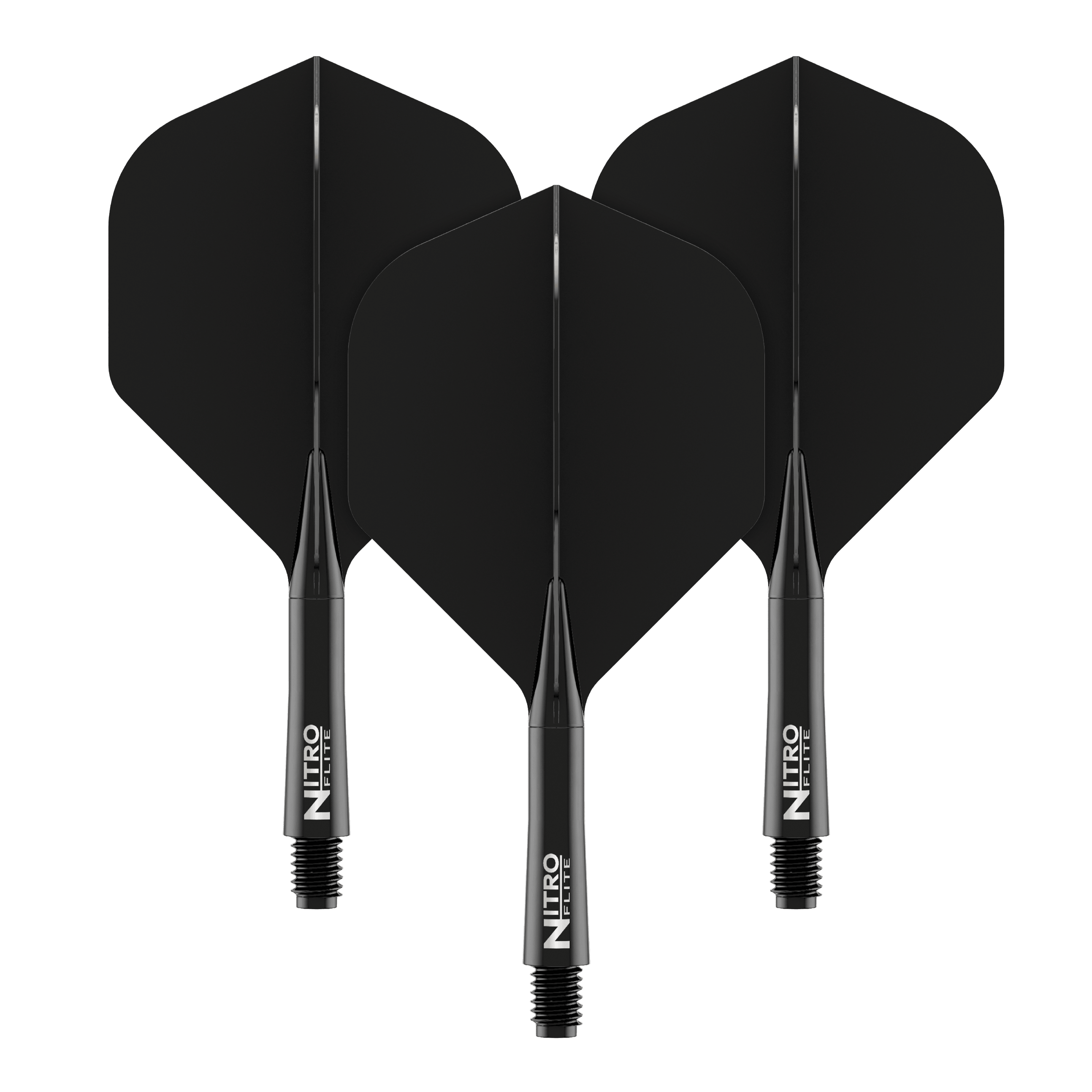 Red Dragon Nitroflite - Eje negro, plumas negras nº 2 Das Bild zeigt drei schwarze Dartflights mit schwarzen Schäften. Auf den Schäften steht in weißer Schrift "NITRO FLITE".