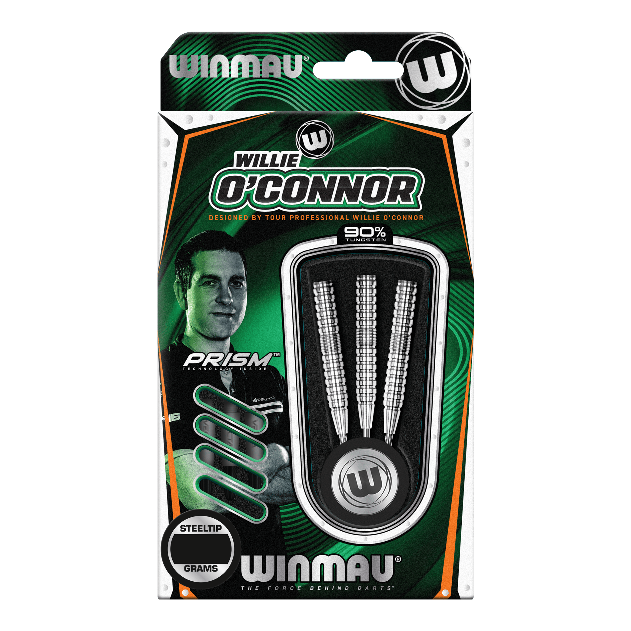Dardos de acero Winmau Willie O'Connor - 23 g Die Verpackung zeigt die Winmau Willie O’Connor Steeldarts mit einem Gewicht von 23 Gramm. Im Inneren sind drei silberne Steeldarts zu sehen.