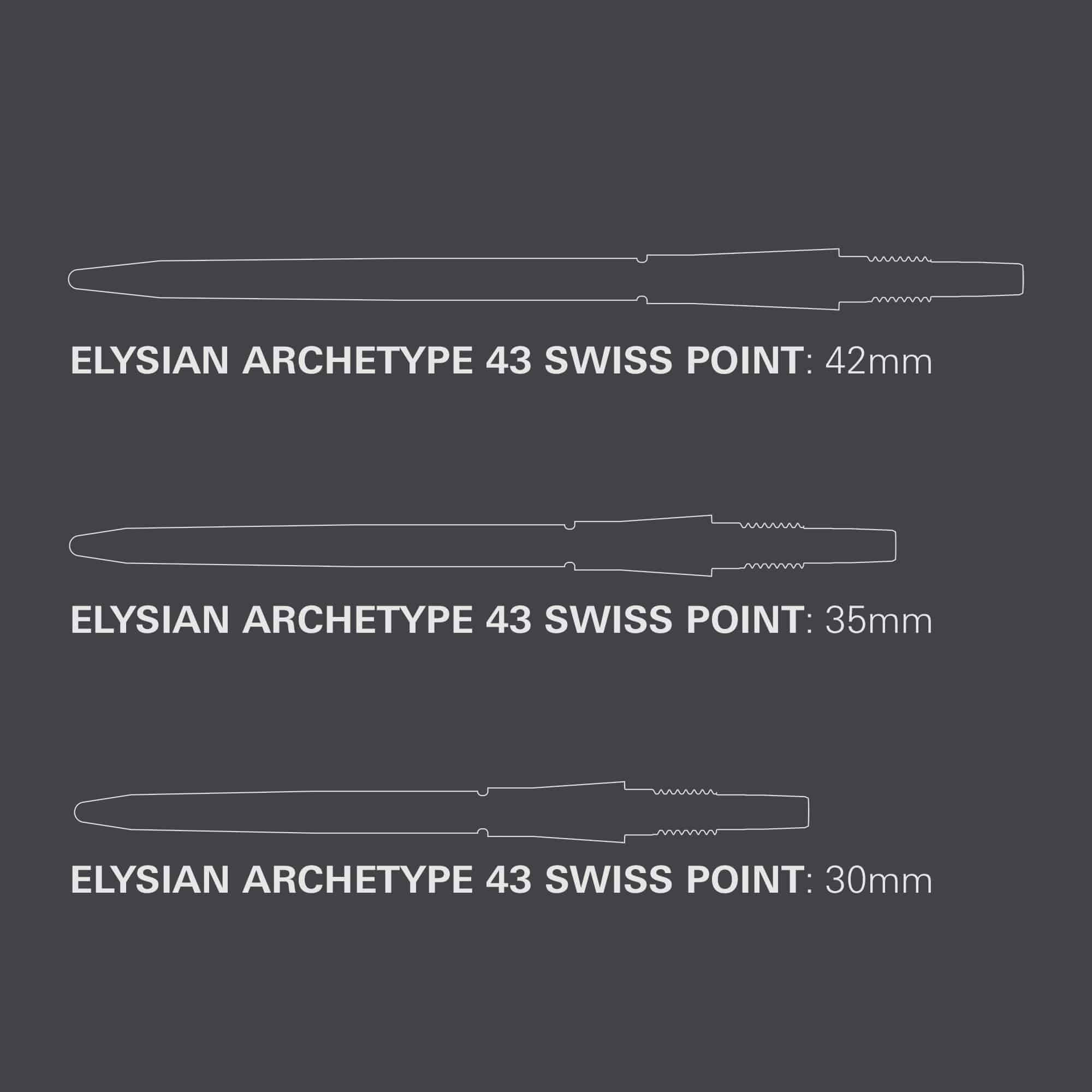 Puntas de dardo Target Elysian Archetype 43 Swiss Point de acero - Plateadas Target Elysian Archetype 43 Swiss Point Steeldartspitzen in Silber. Das Bild zeigt hochwertige Dartspitzen für Steel-Darts.