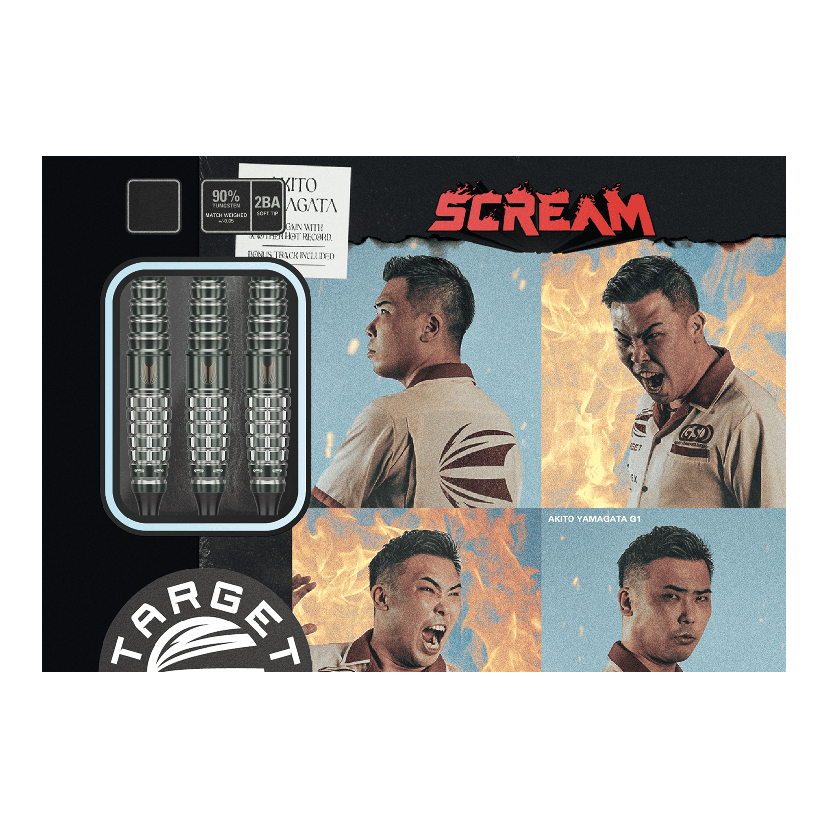 Dardos blandos Target Japan Akito Yamagata Scream GEN1 - 19 g Das Bild zeigt die Verpackung der Target Japan Akito Yamagata Scream GEN1 Softdarts - 19g. Auf der Verpackung sind drei Darts sowie vier ausdrucksstarke Porträtfotos einer Person zu sehen.