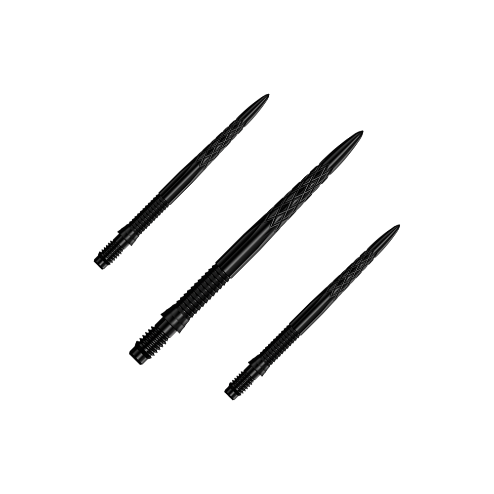 Puntas de dardo Mission R2.5 Rapid Point DSX - Negras Das Bild zeigt ein Set von schwarzen Dartspitzen, 30 mm lang. Die Dartspitzen sind zusammen gruppiert dargestellt.