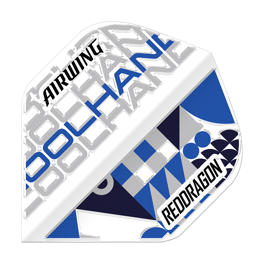 Vuelos estándar de Luke Humphries White de Red Dragon Airwing Das Bild zeigt das Produkt "Red Dragon Airwing Luke Humphries White Standard Flights". Das Flight ist überwiegend weiß mit blauen und schwarzen grafischen Elementen sowie der Aufschrift "AIRWING" und "REDDRAGON".