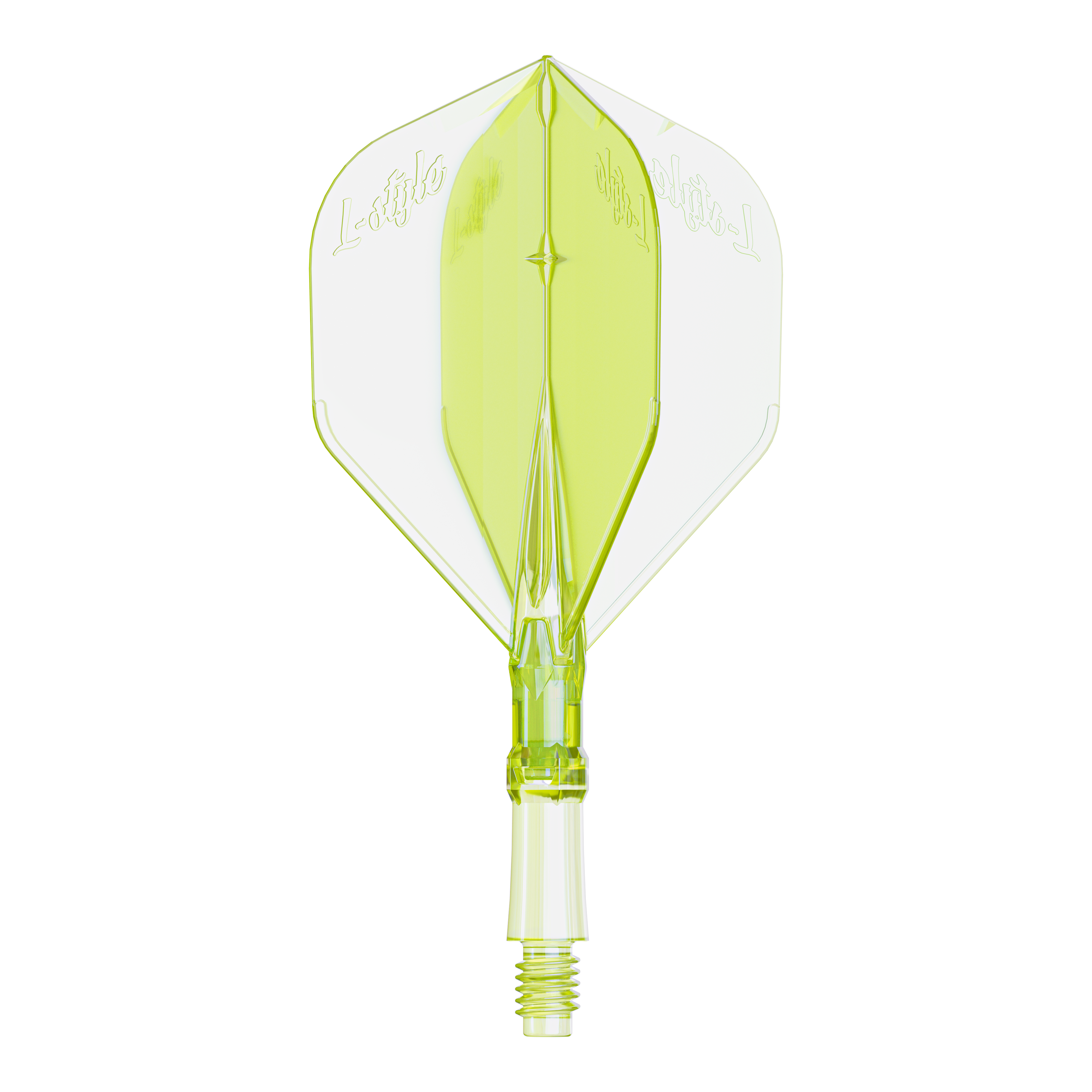 Kleine Dart-Flights in auffälligem Neongelb, vermutlich für das L-System. Diese Flights bieten eine auffällige Farbalternative für Darts.