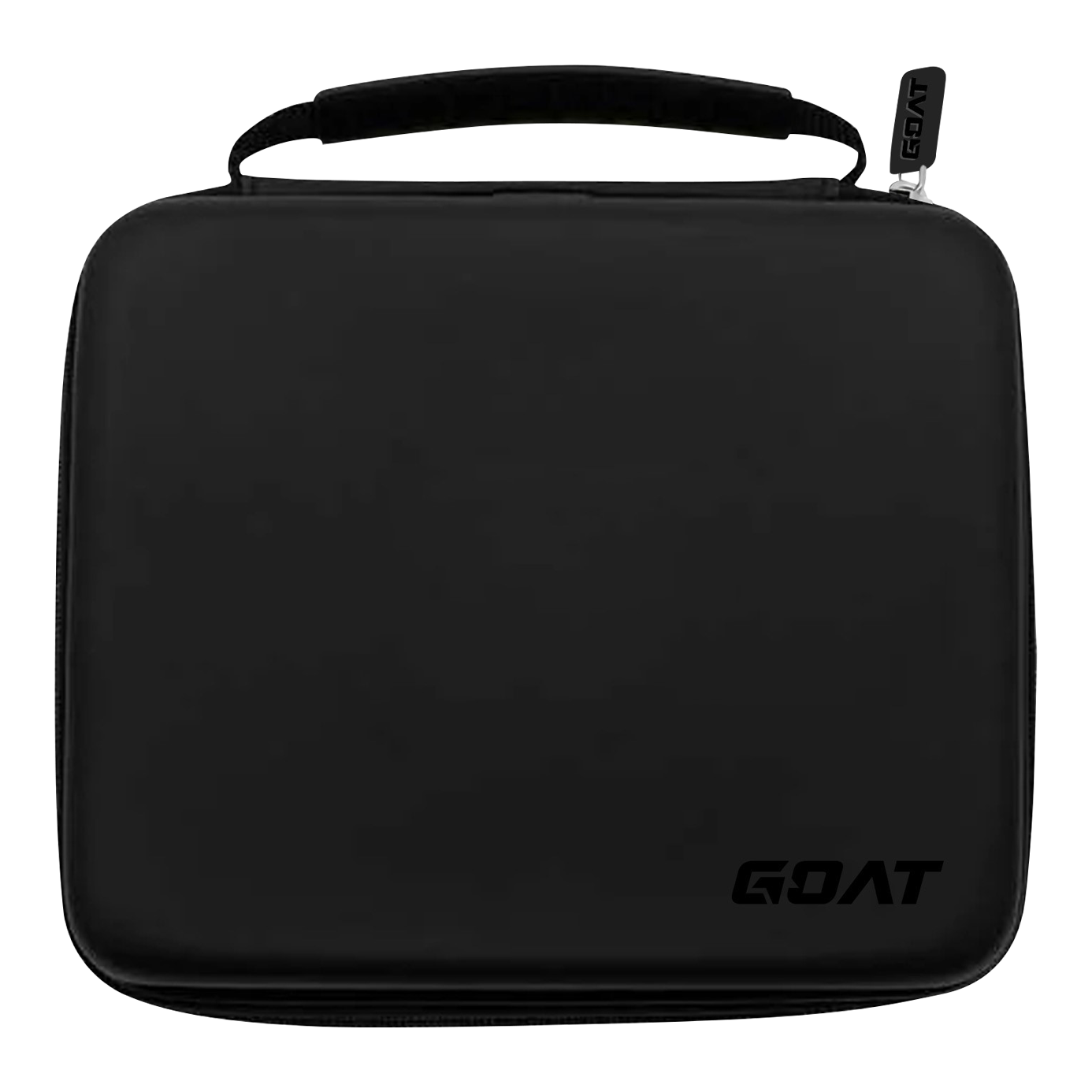 Cartera de dardos GOAT Locker XXL Das Bild zeigt ein schwarzes, rechteckiges Etui mit einem Henkel oben. In der unteren rechten Ecke befindet sich das Logo „GOAT“.