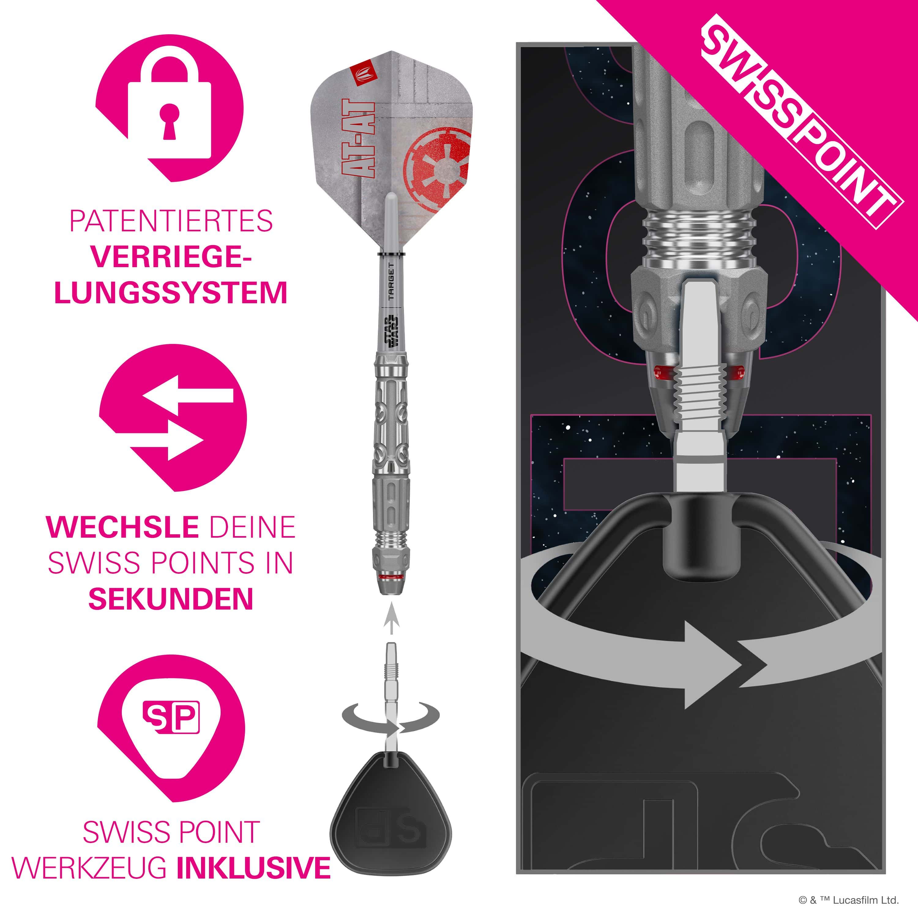 Dardos de acero Target Star Wars AT-AT Swiss Point Hier sind die Target Star Wars AT-AT Swiss Point Steeldarts abgebildet. Die Darts haben ein einzigartiges Design aus dem Star Wars Universum.